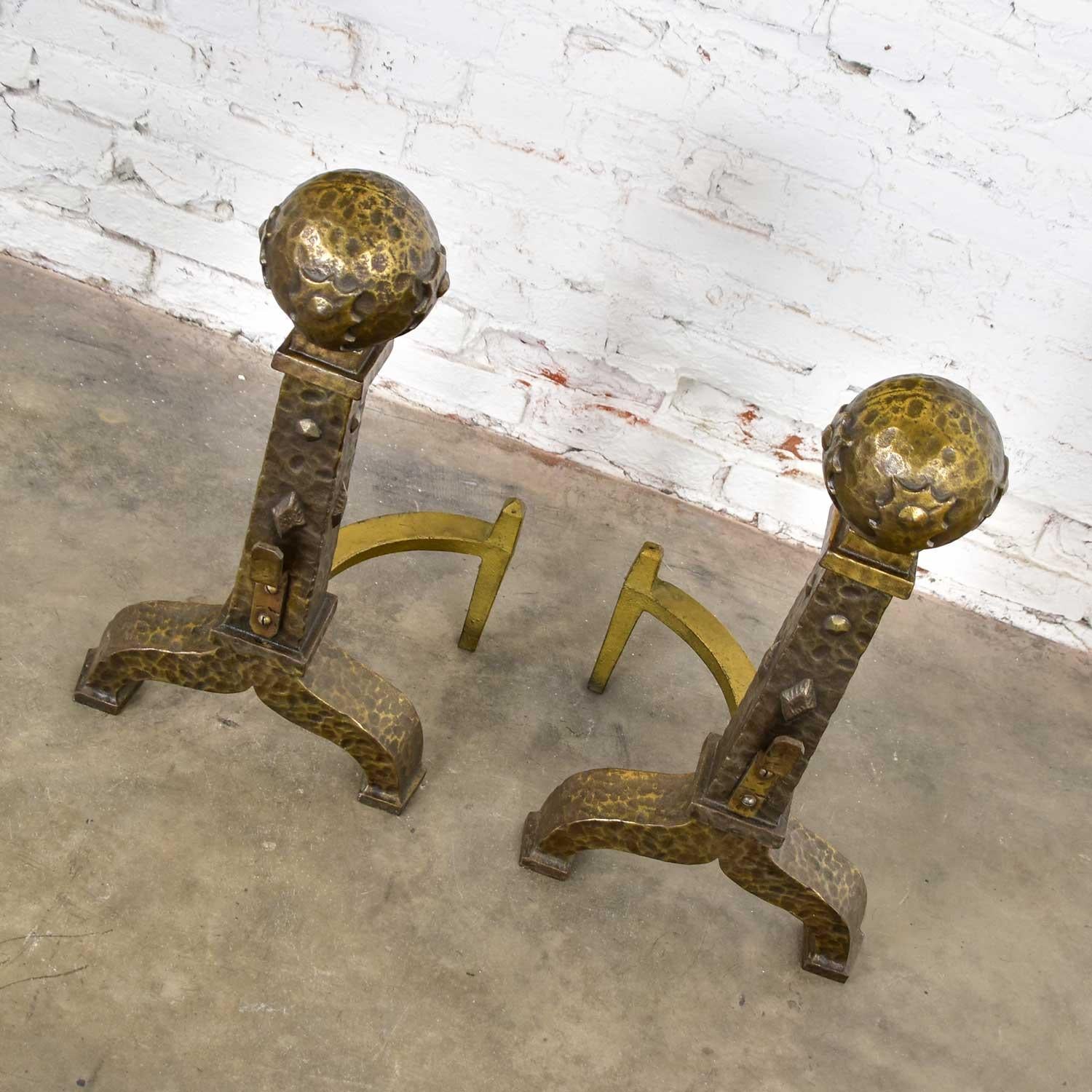 Arts and Crafts Large Cast Iron Bronze Plated Arts & Crafts Cannonball Andirons or Fire Dogs