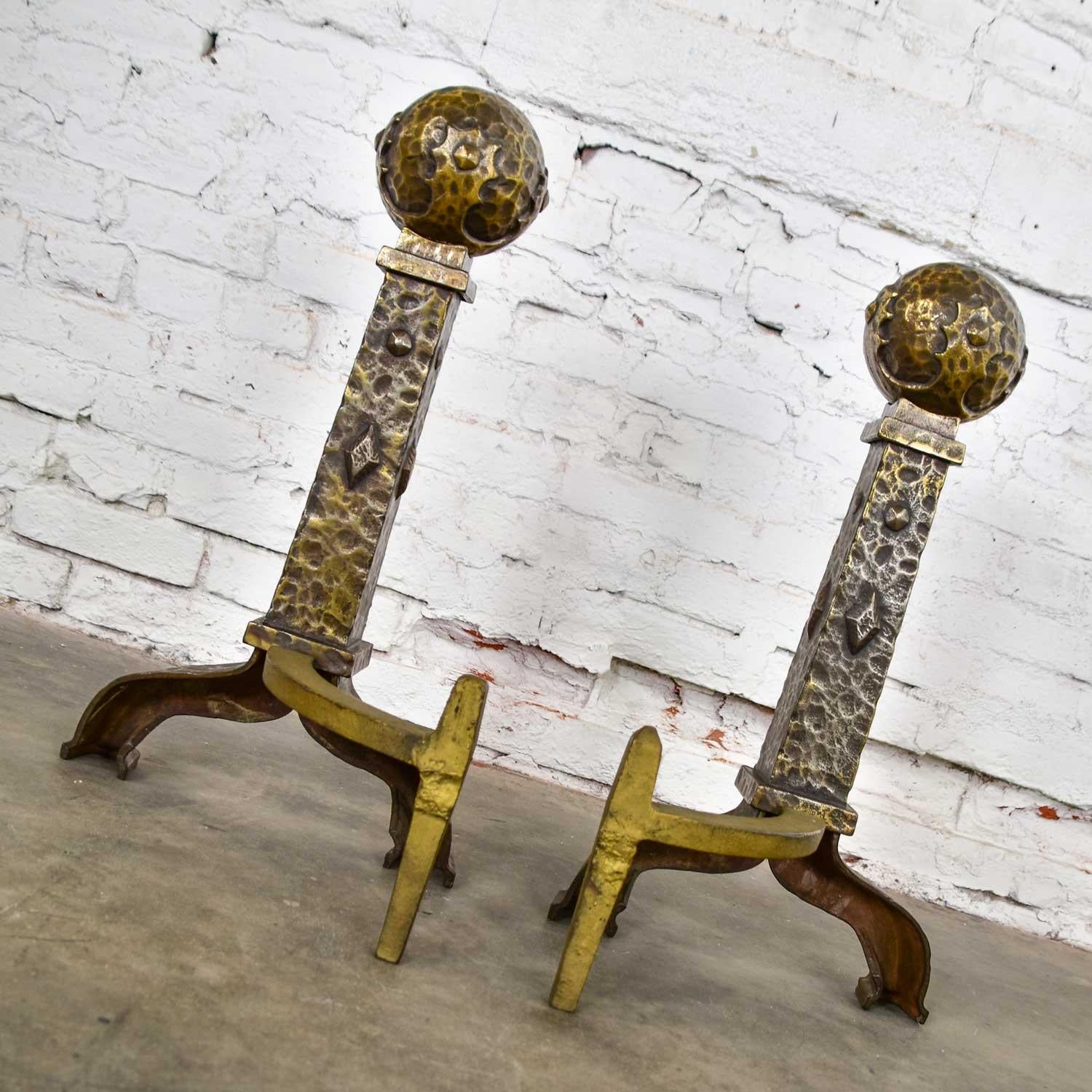 Unknown Large Cast Iron Bronze Plated Arts & Crafts Cannonball Andirons or Fire Dogs