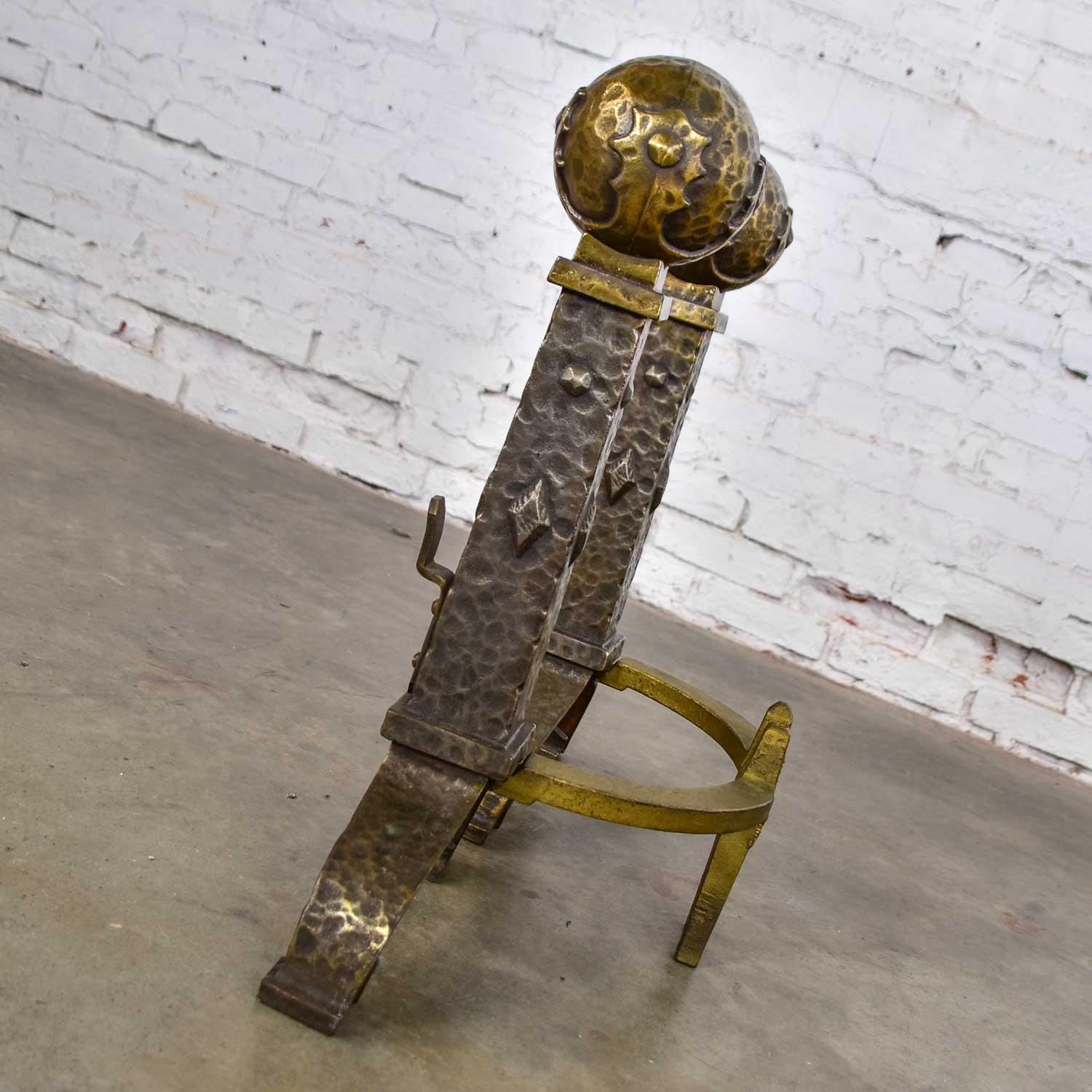 Large Cast Iron Bronze Plated Arts & Crafts Cannonball Andirons or Fire Dogs In Good Condition In Topeka, KS