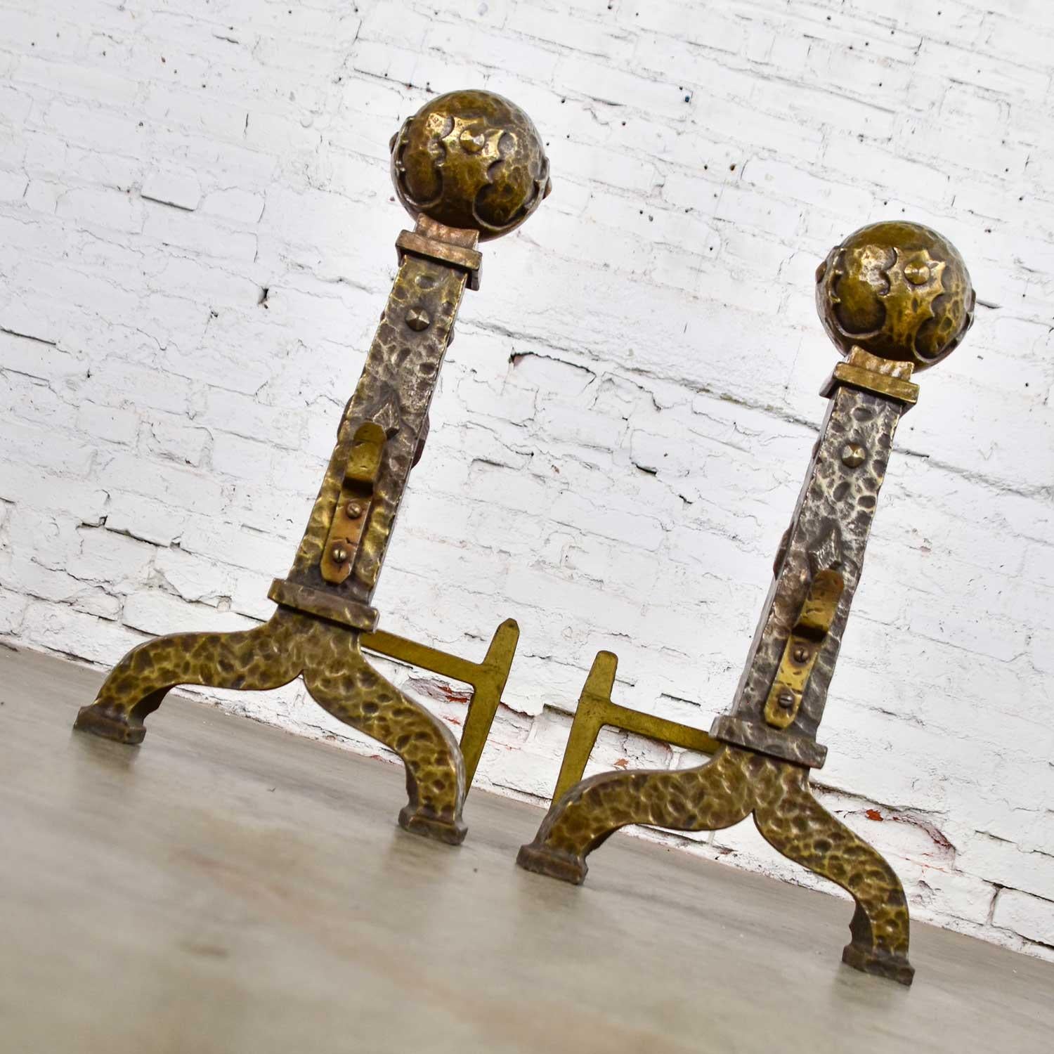 Large Cast Iron Bronze Plated Arts & Crafts Cannonball Andirons or Fire Dogs 1