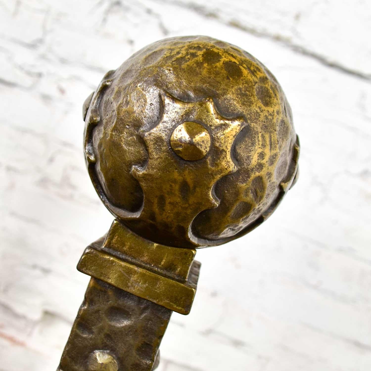 Large Cast Iron Bronze Plated Arts & Crafts Cannonball Andirons or Fire Dogs 2