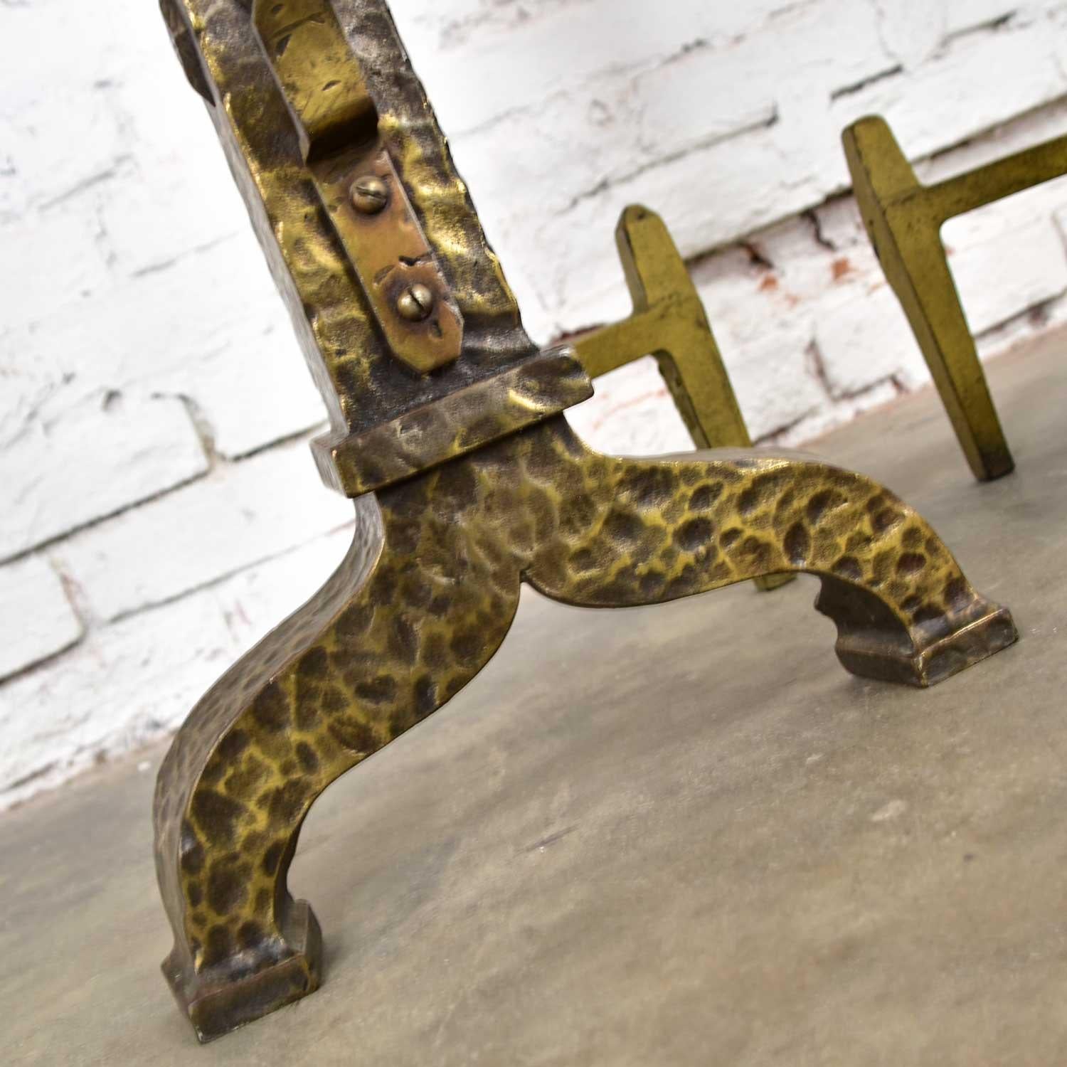 Large Cast Iron Bronze Plated Arts & Crafts Cannonball Andirons or Fire Dogs 3