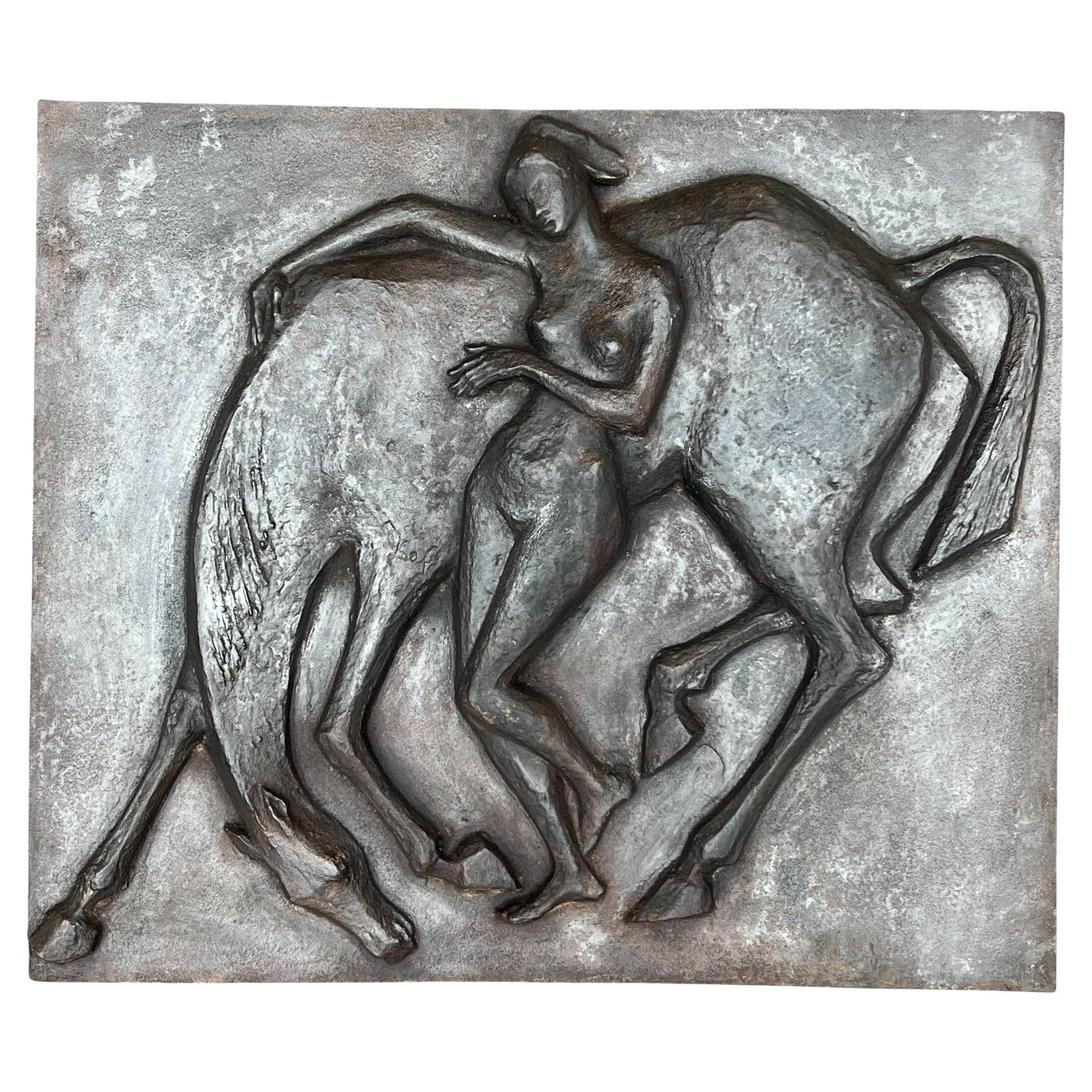 Large Cast Iron Fireback Representing a Nude Woman Caressing her Horse