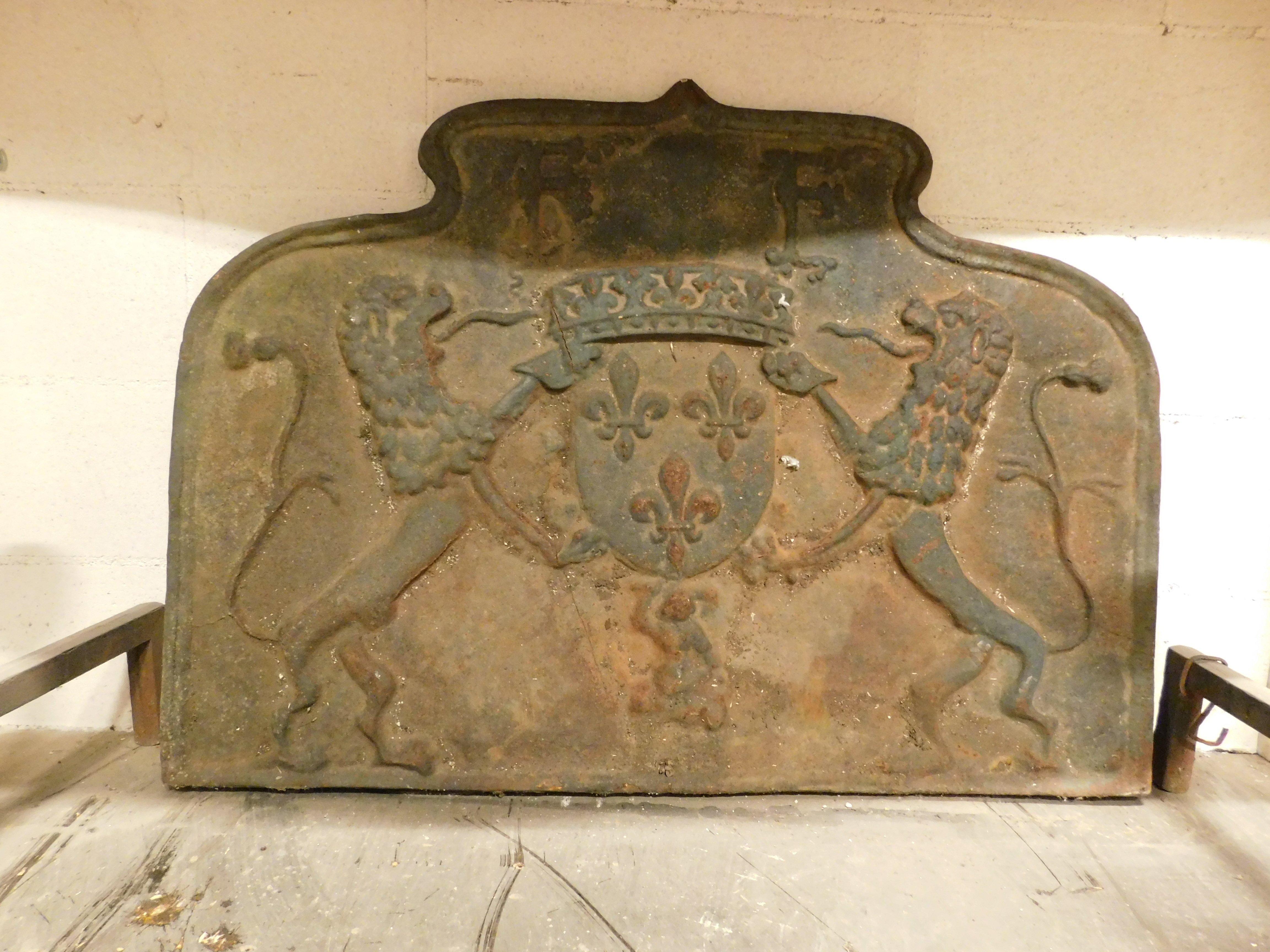 Italian Large cast iron fireplace backplate, carved with noble coat of arms, Italy For Sale