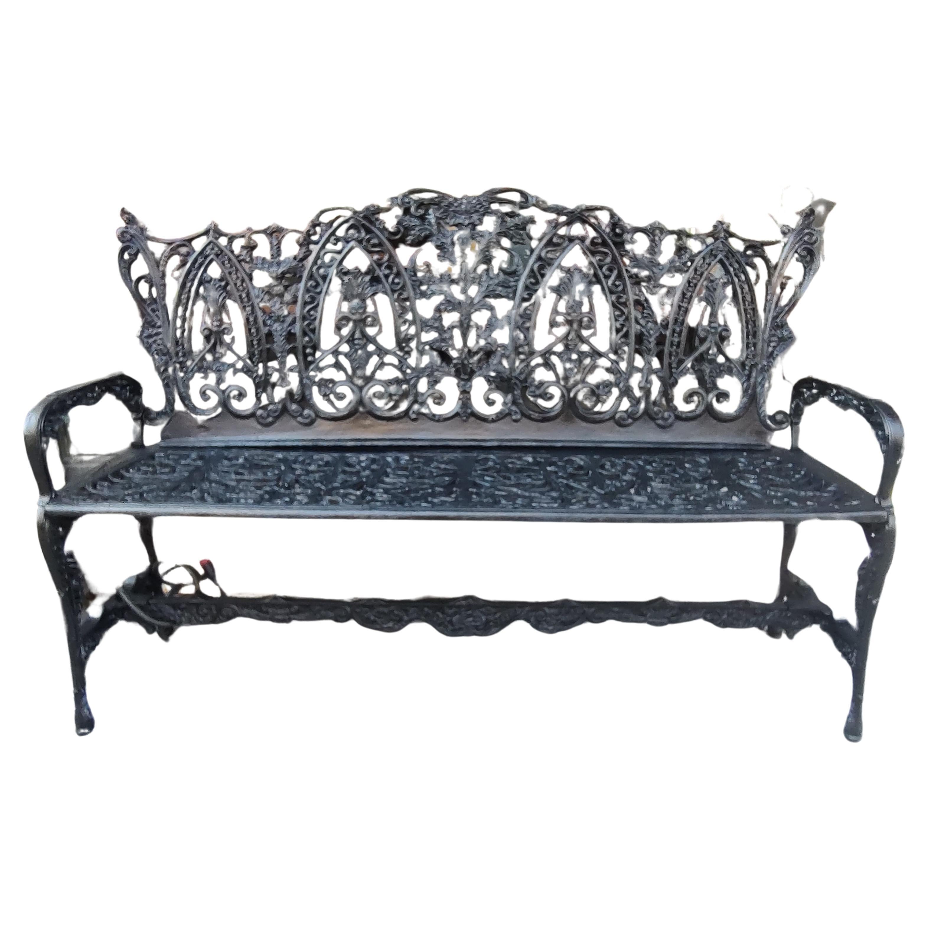 Late 20th Century Large Cast Iron Garden Bench In The Style of Art Noveau Renaissance Revival  For Sale