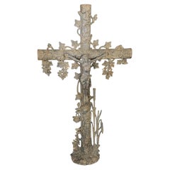 Large Cast Iron Religious Cross with Floral Vine Pattern