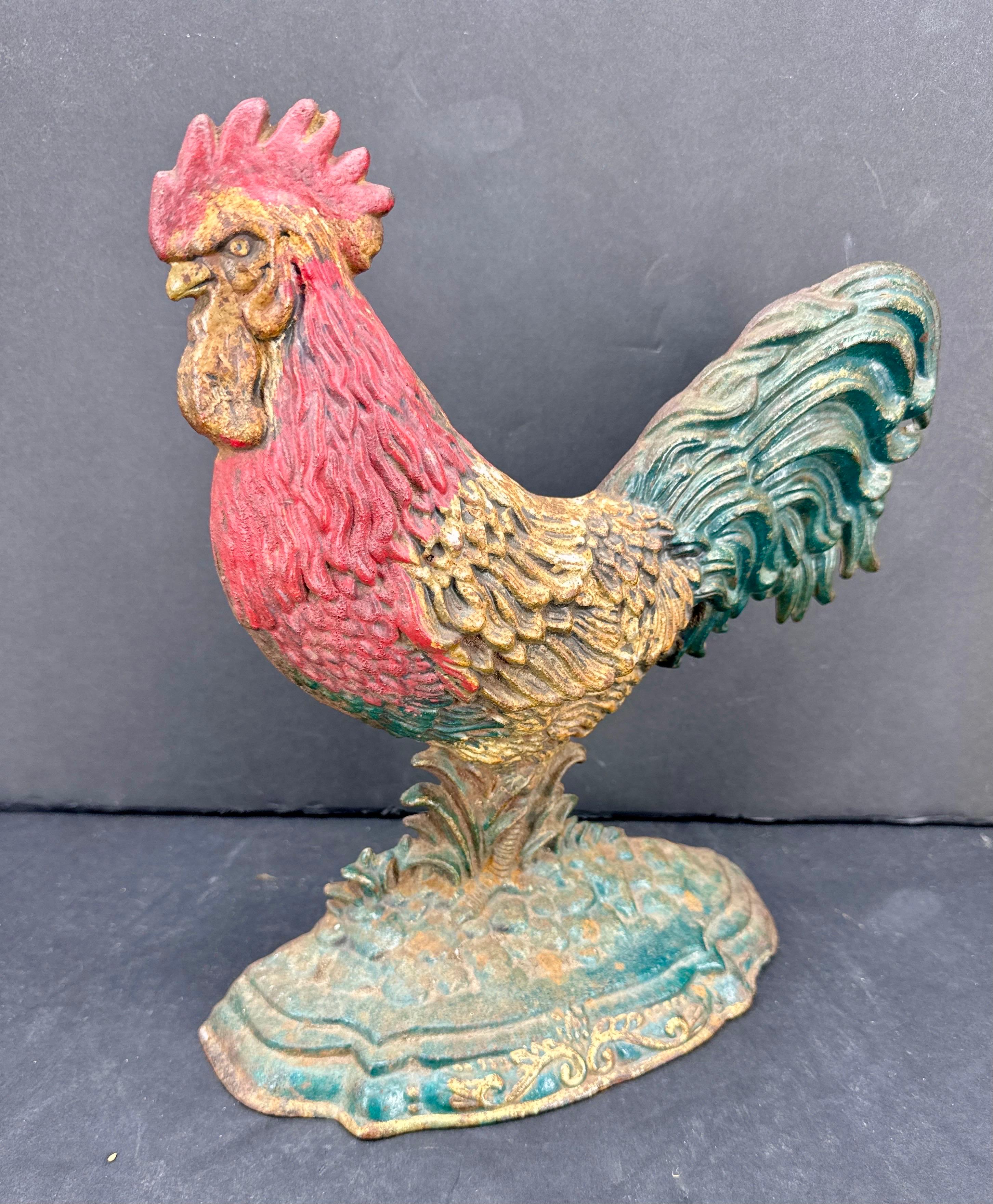 Large Cast Iron Sculpture of Rooster Door Stop with Original Paint
Patina is key with this doorstop with great age and wear. The rusted coloration of the iron rooster shows how age can affect a look. Wonderful addition to an existing collection. 