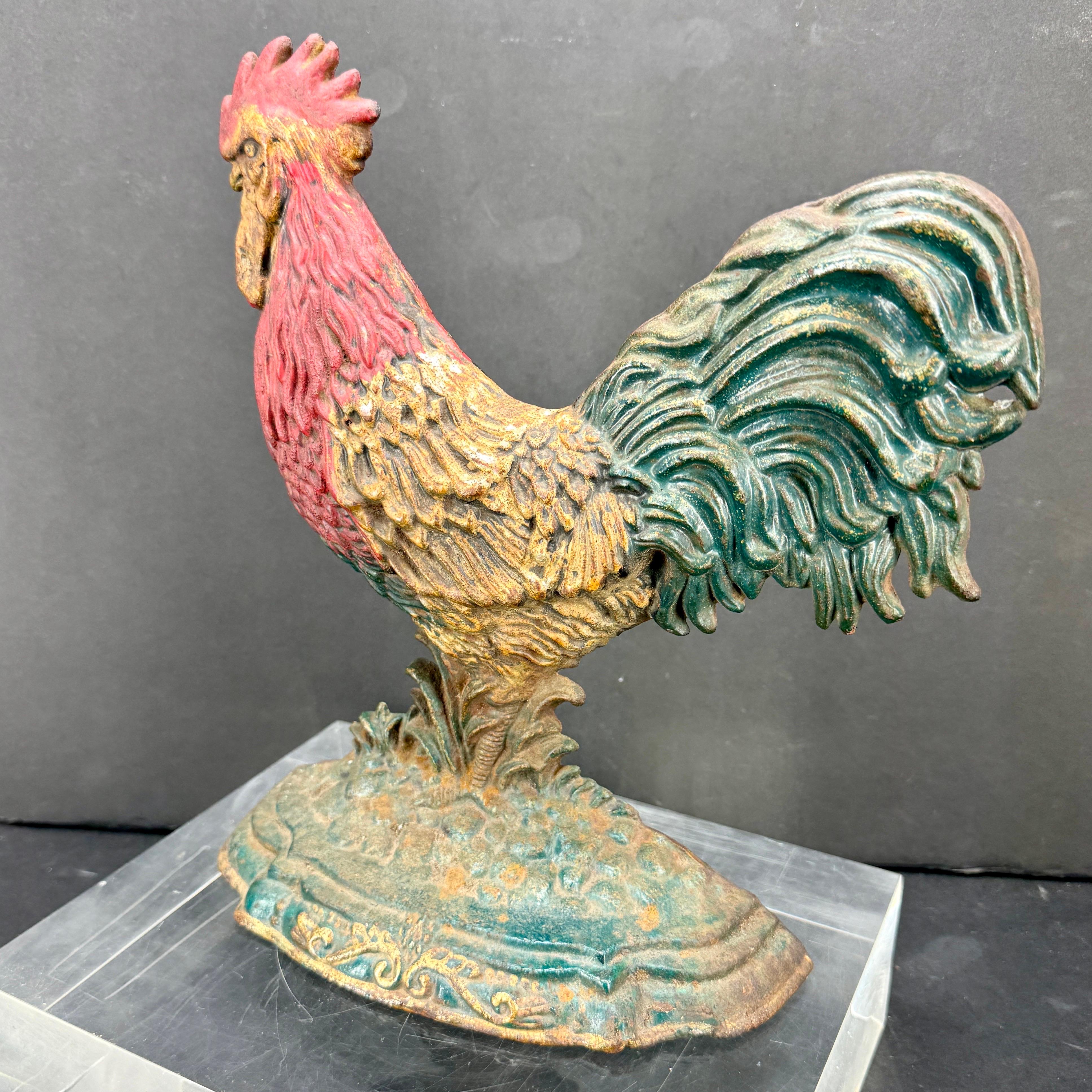 American Large Cast Iron Rooster Door Stop Sculpture with Original Paint