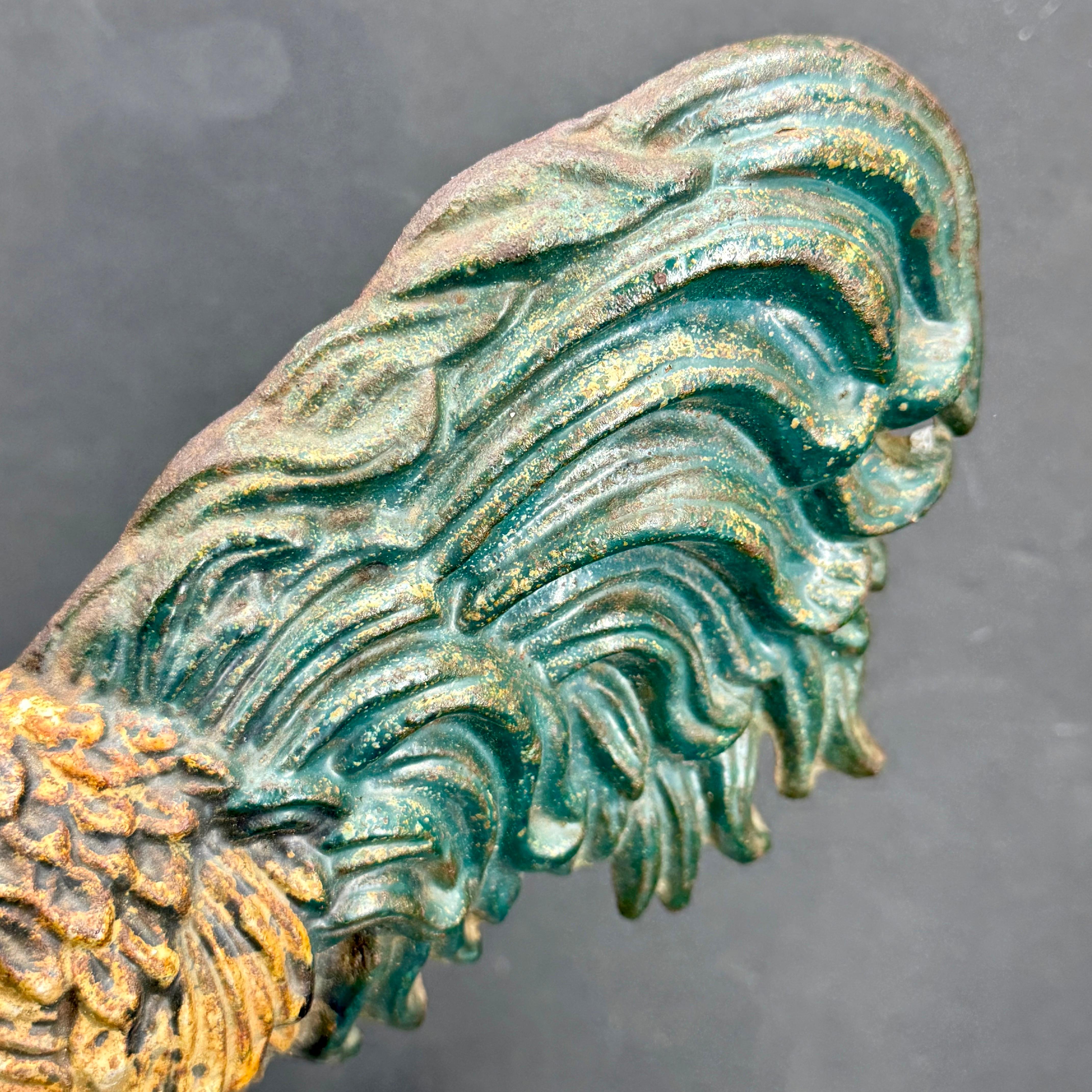 Early 20th Century Large Cast Iron Rooster Door Stop Sculpture with Original Paint
