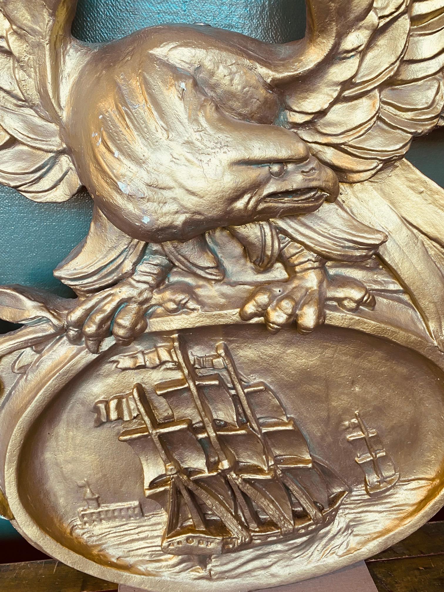 American Large Cast New England Bank Patriotic Eagle and Clipper Ship Plaque For Sale