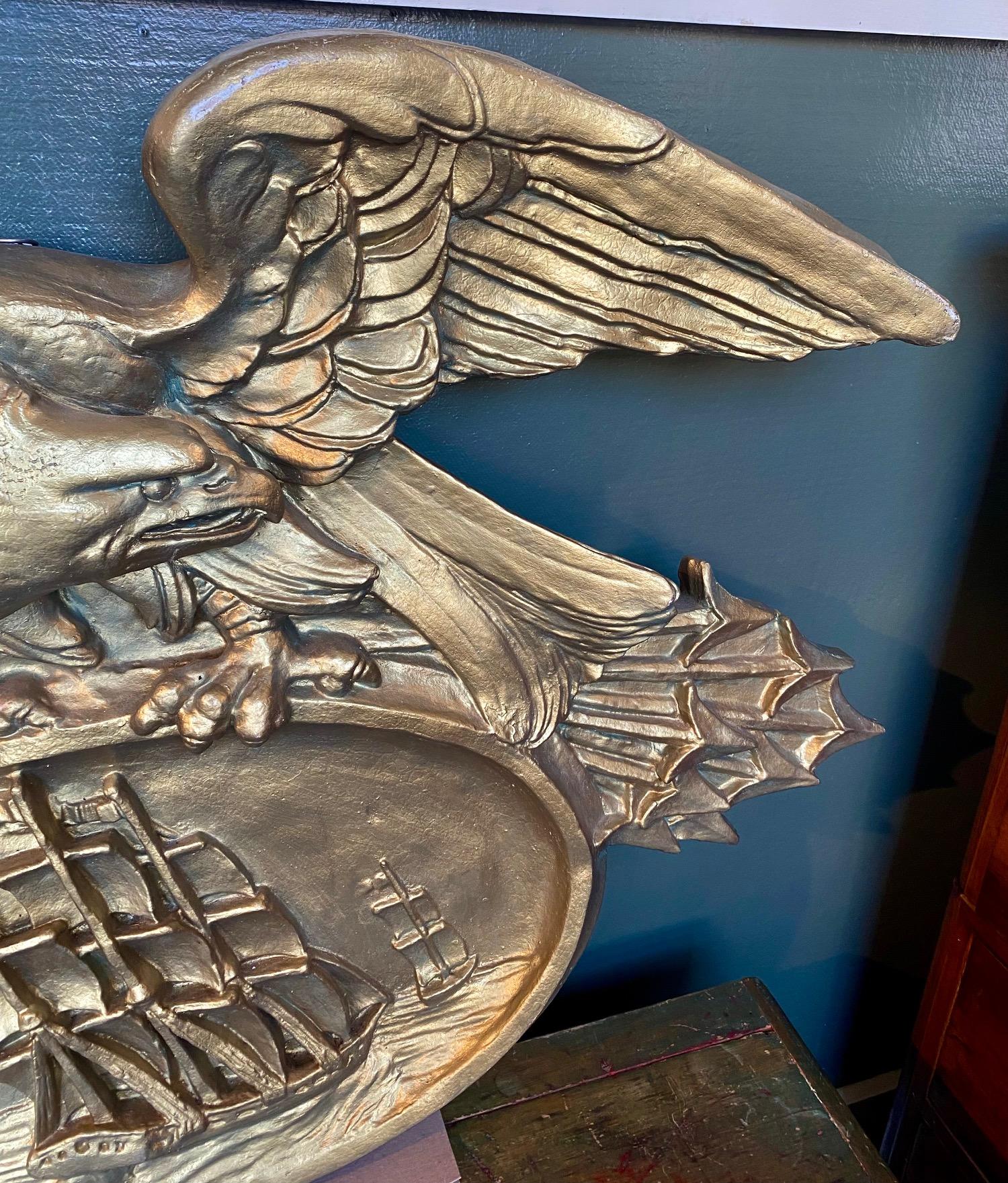 Large Cast New England Bank Patriotic Eagle and Clipper Ship Plaque In Good Condition For Sale In Nantucket, MA