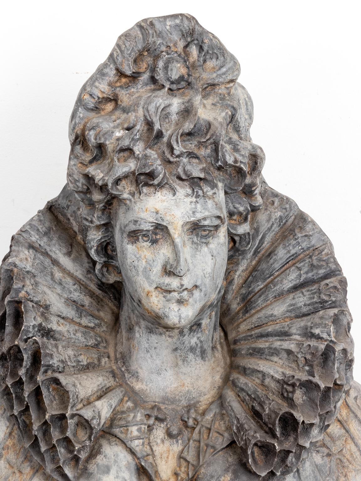 Large cast resin bust of woman with detailed collar and curled hair. Please note of wear consistent with age including minor finish loss.