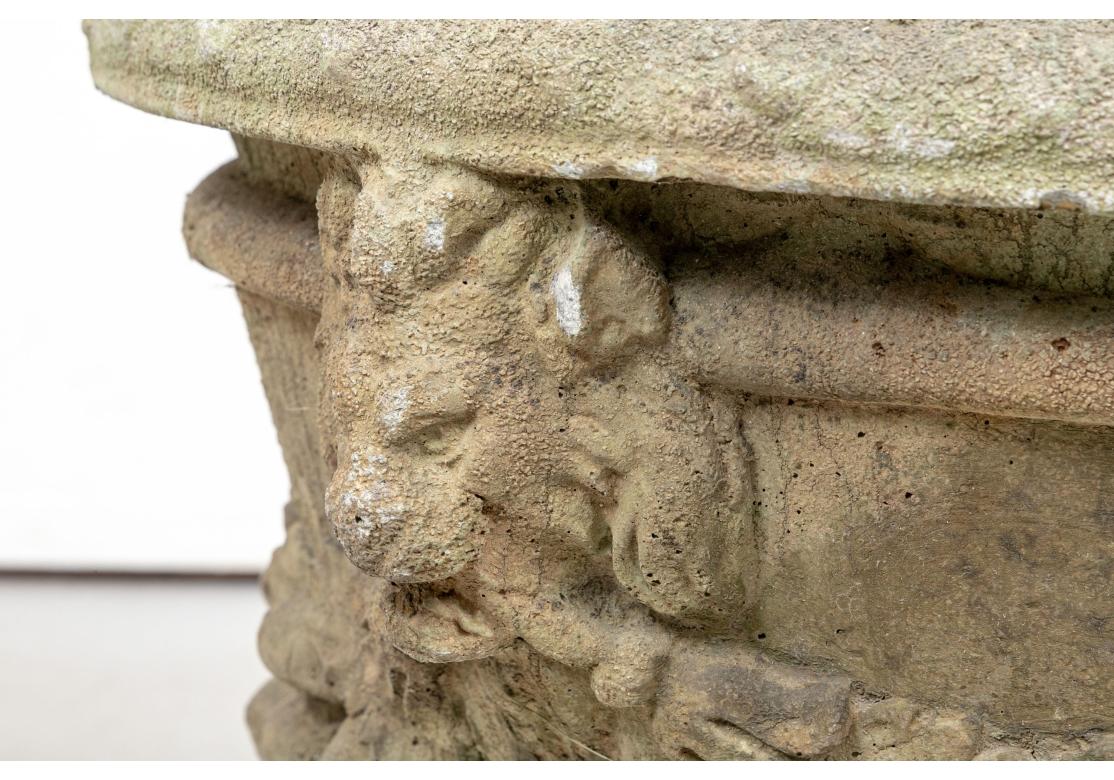 Grande fioriera in pietra fusa con foro centrale, decorata con teste di leone e ghirlande di frutta, bordo a uovo e dardo.

Dimensioni: 23 1/2