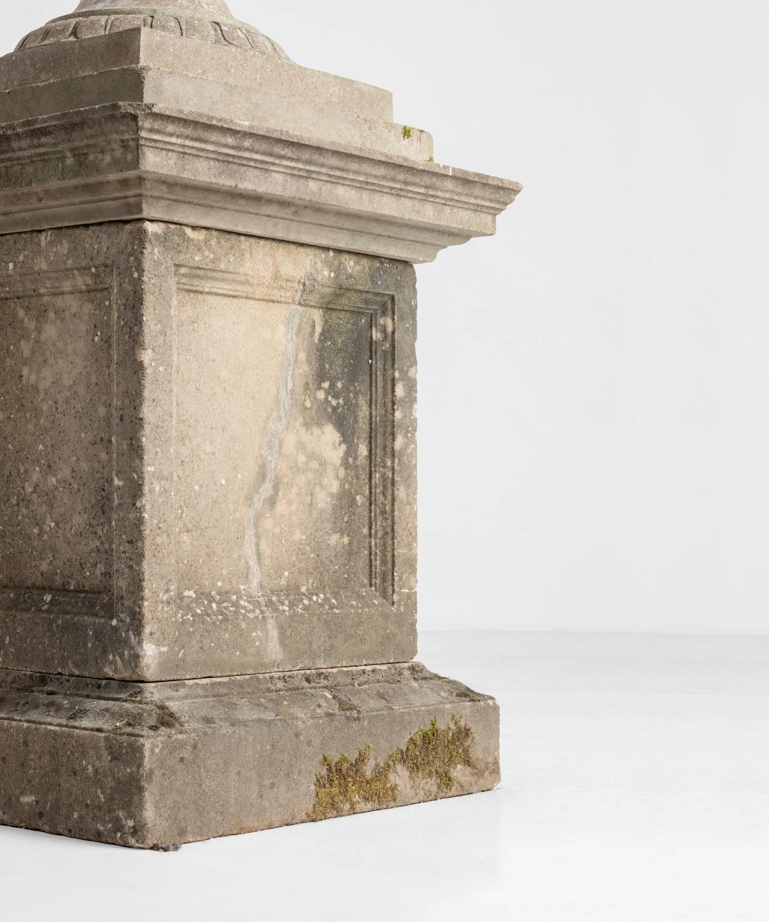 Large cast stone urn with pedestal, circa 1950.

Impressive scale, with wonderful patina and original lichen.