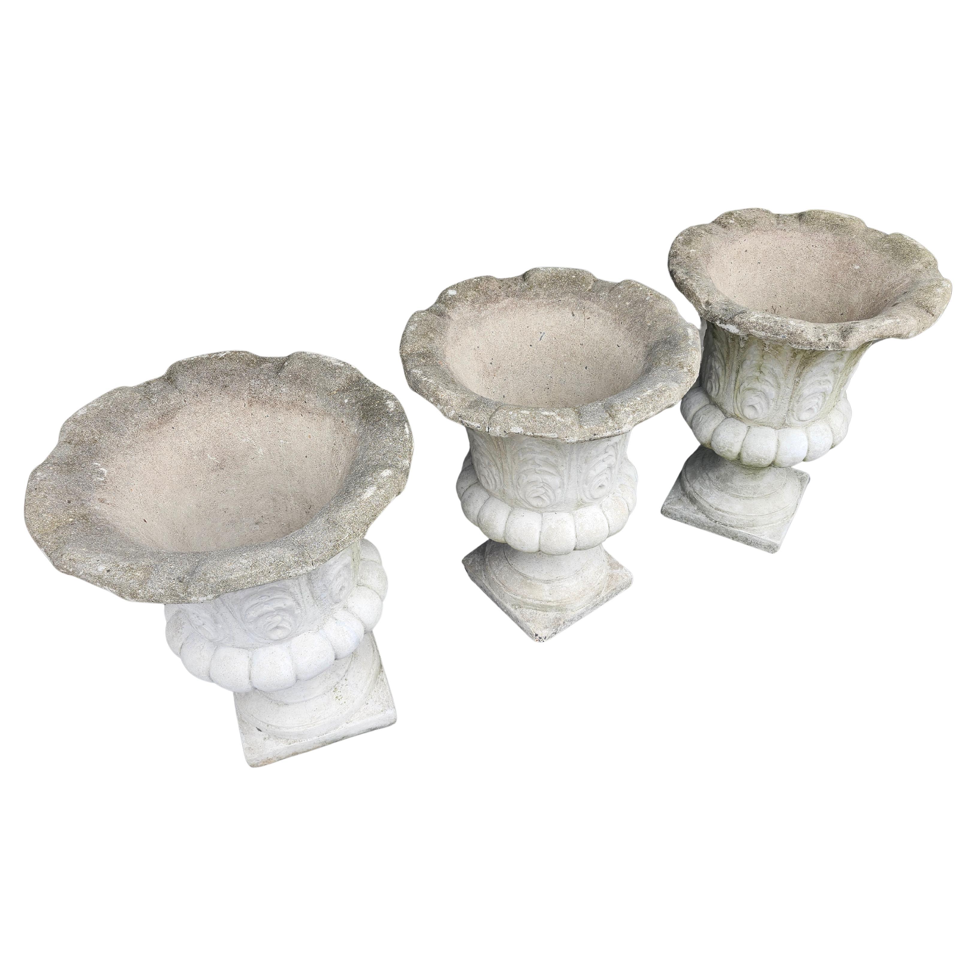 Large Cast Stone with Leaf Patterns Flared Tops 3 available ps In Good Condition For Sale In Port Jervis, NY