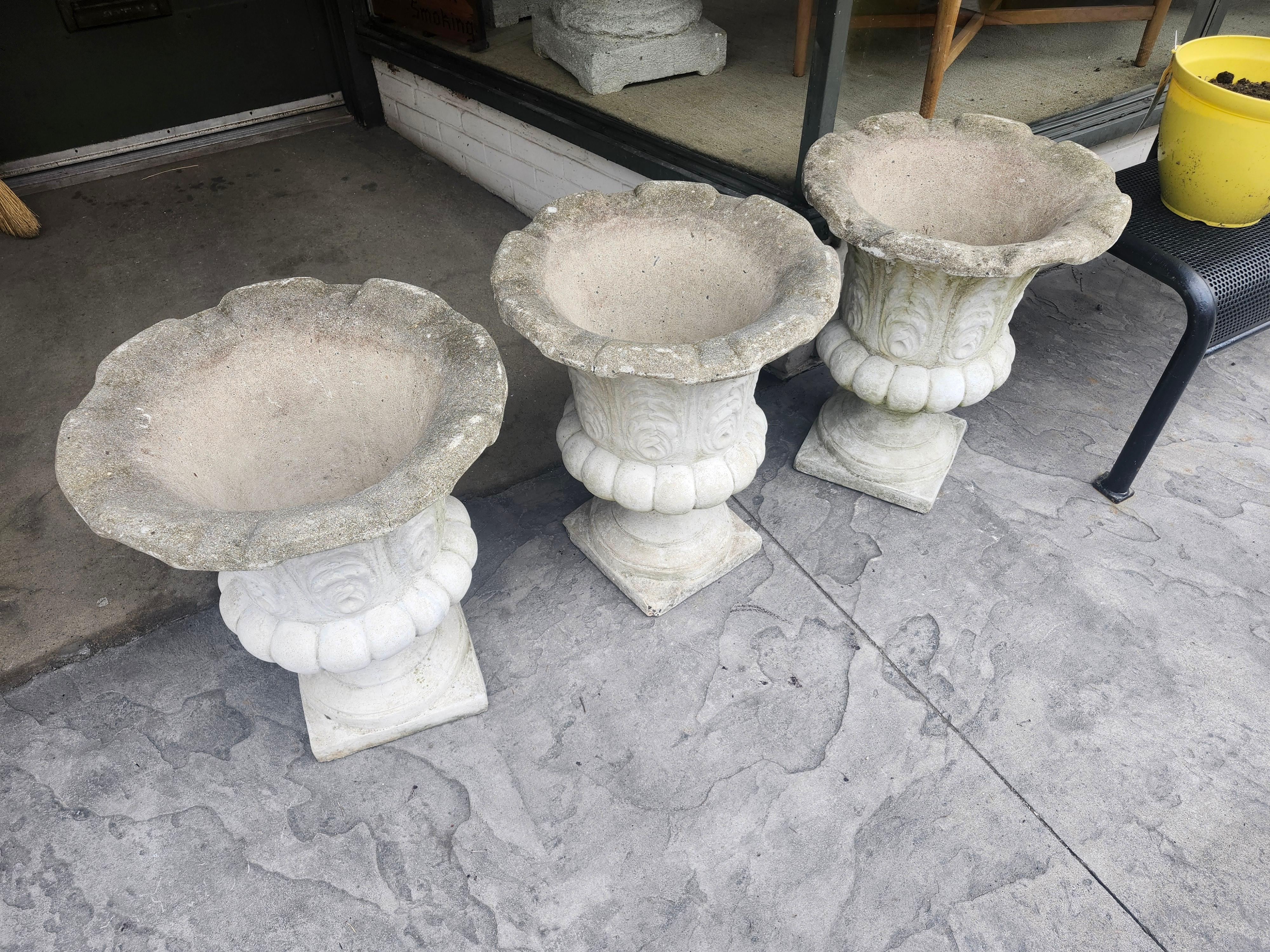 Late 20th Century Large Cast Stone with Leaf Patterns Flared Tops 3 available ps For Sale