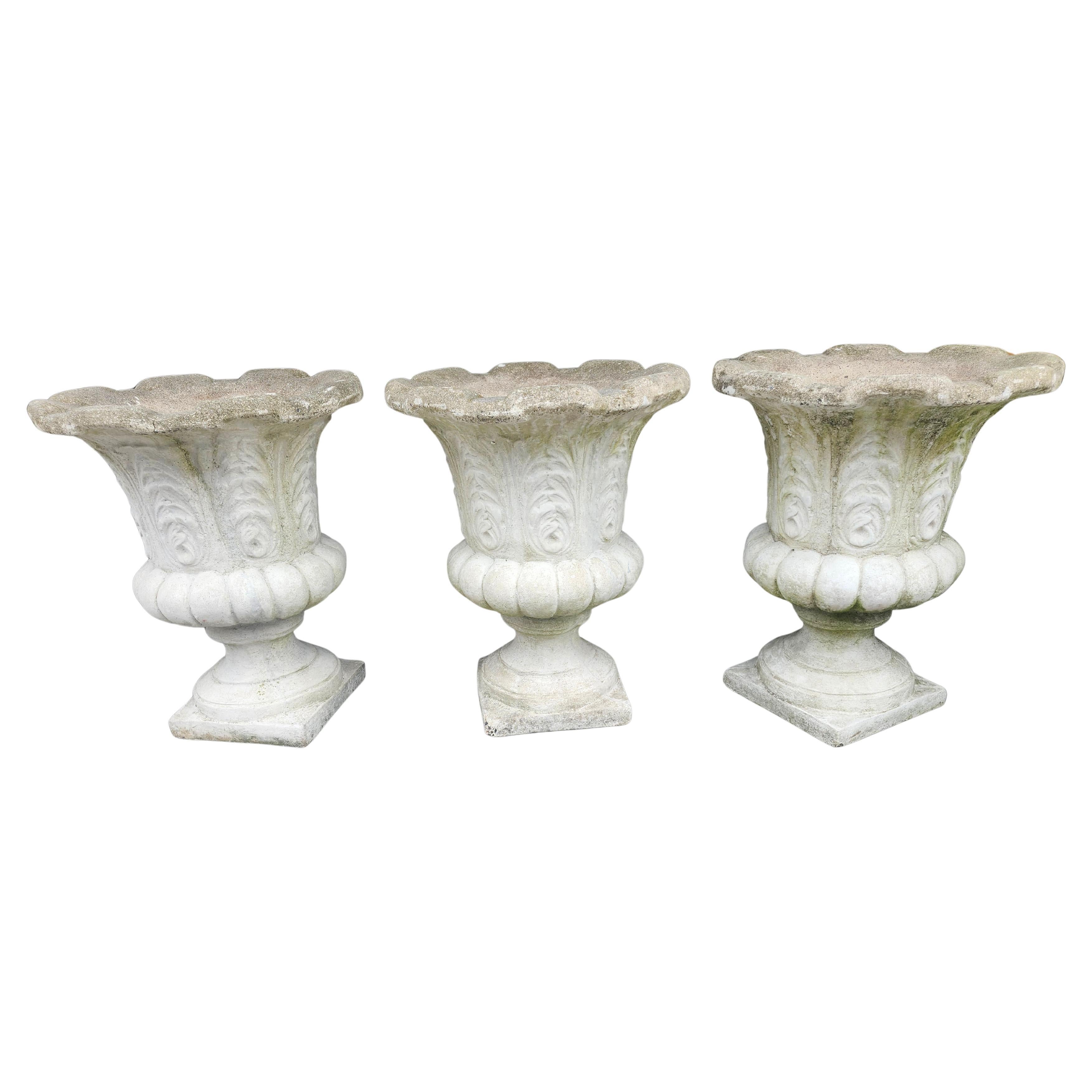 Large Cast Stone with Leaf Patterns Flared Tops 3 available ps For Sale