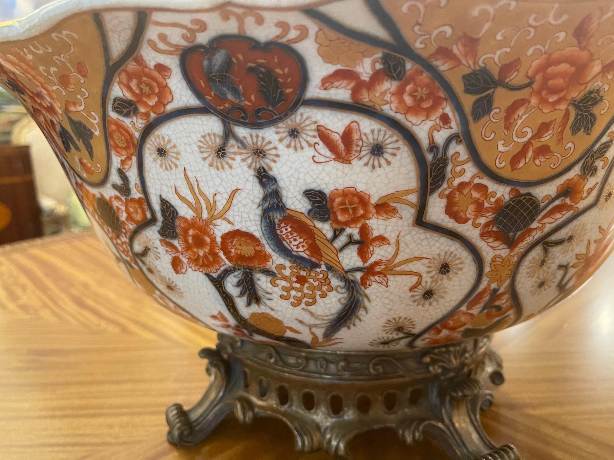 Large Castilian Porcelain Bowl on Brass Stand, 20th Century In Good Condition In Savannah, GA