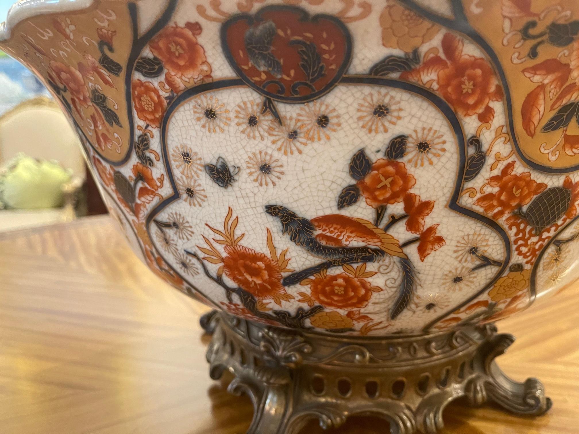 Large Castilian Porcelain Bowl on Brass Stand, 20th Century 1