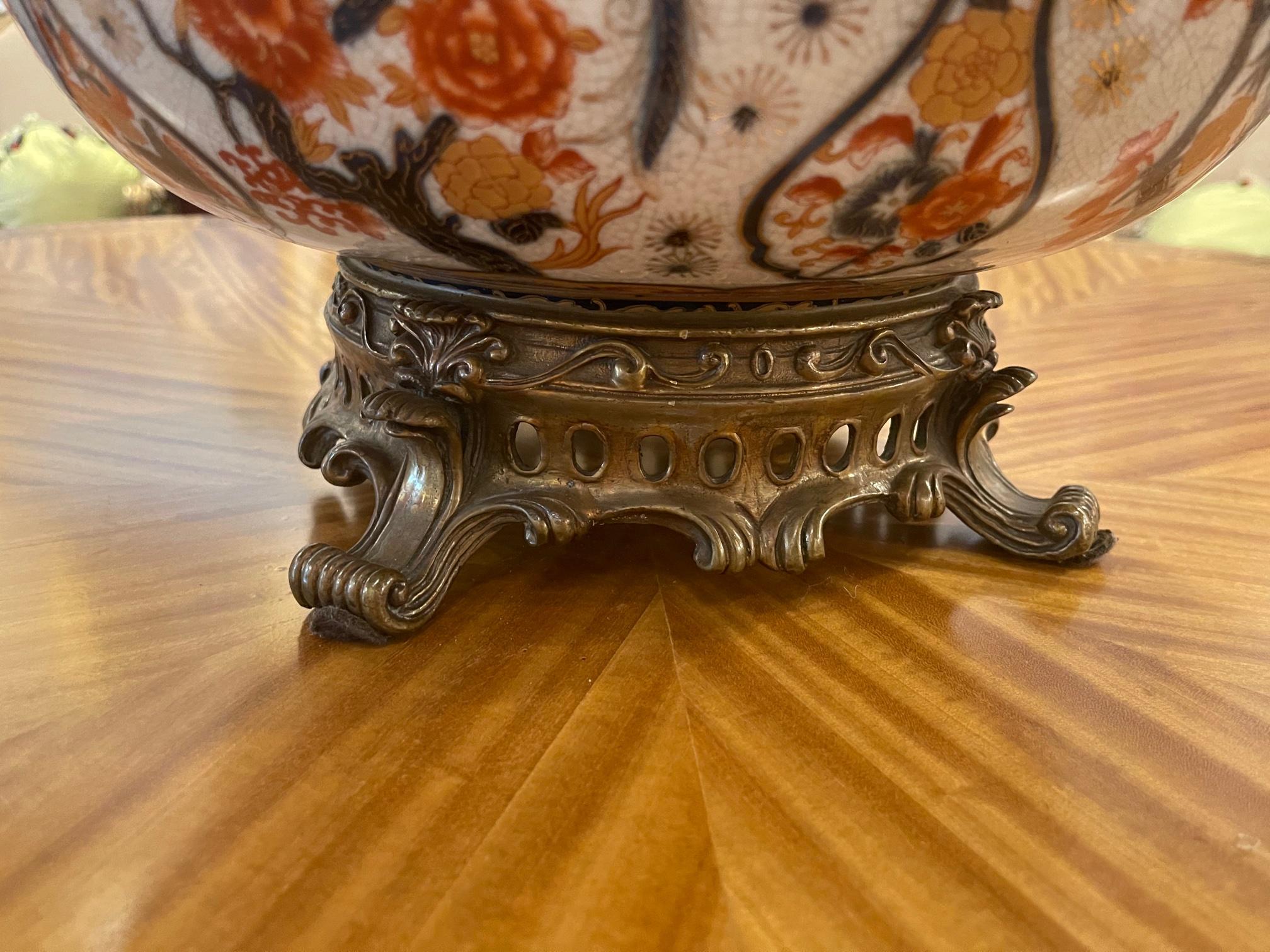 Large Castilian Porcelain Bowl on Brass Stand, 20th Century 2