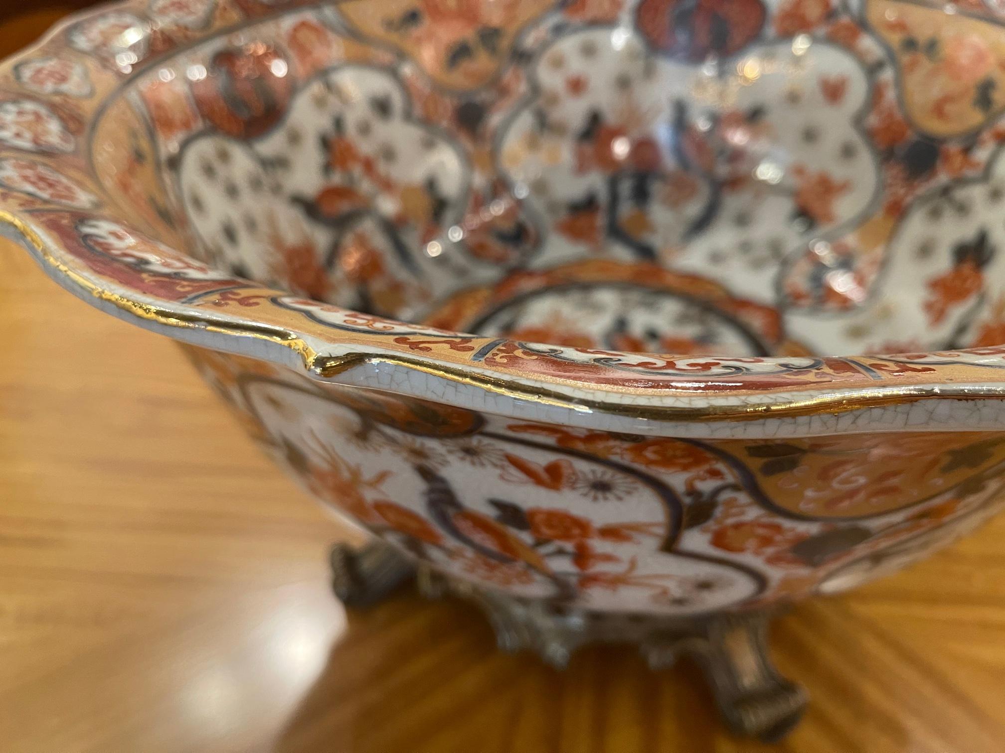 Large Castilian Porcelain Bowl on Brass Stand, 20th Century 3
