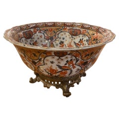 Large Castilian Porcelain Bowl on Brass Stand, 20th Century