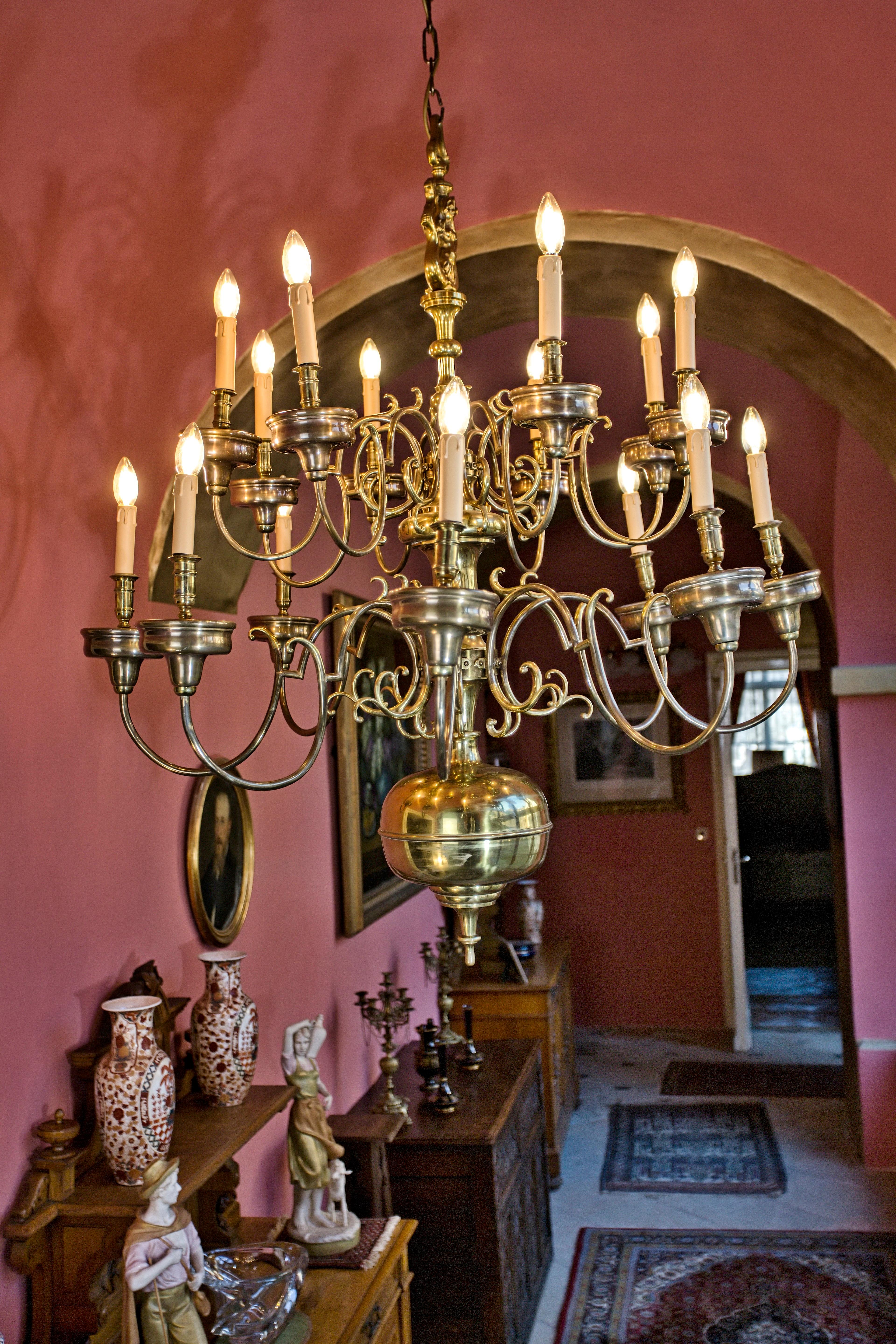 Dutch Colonial Large castle chandelier with a mermaid, 16 arms For Sale