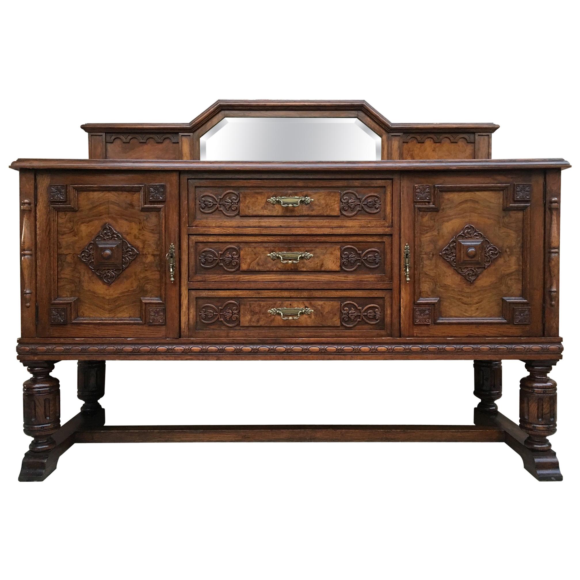 Large Catalan Spanish Buffet with Two Doors, Three Drawers and Mirror Crest For Sale