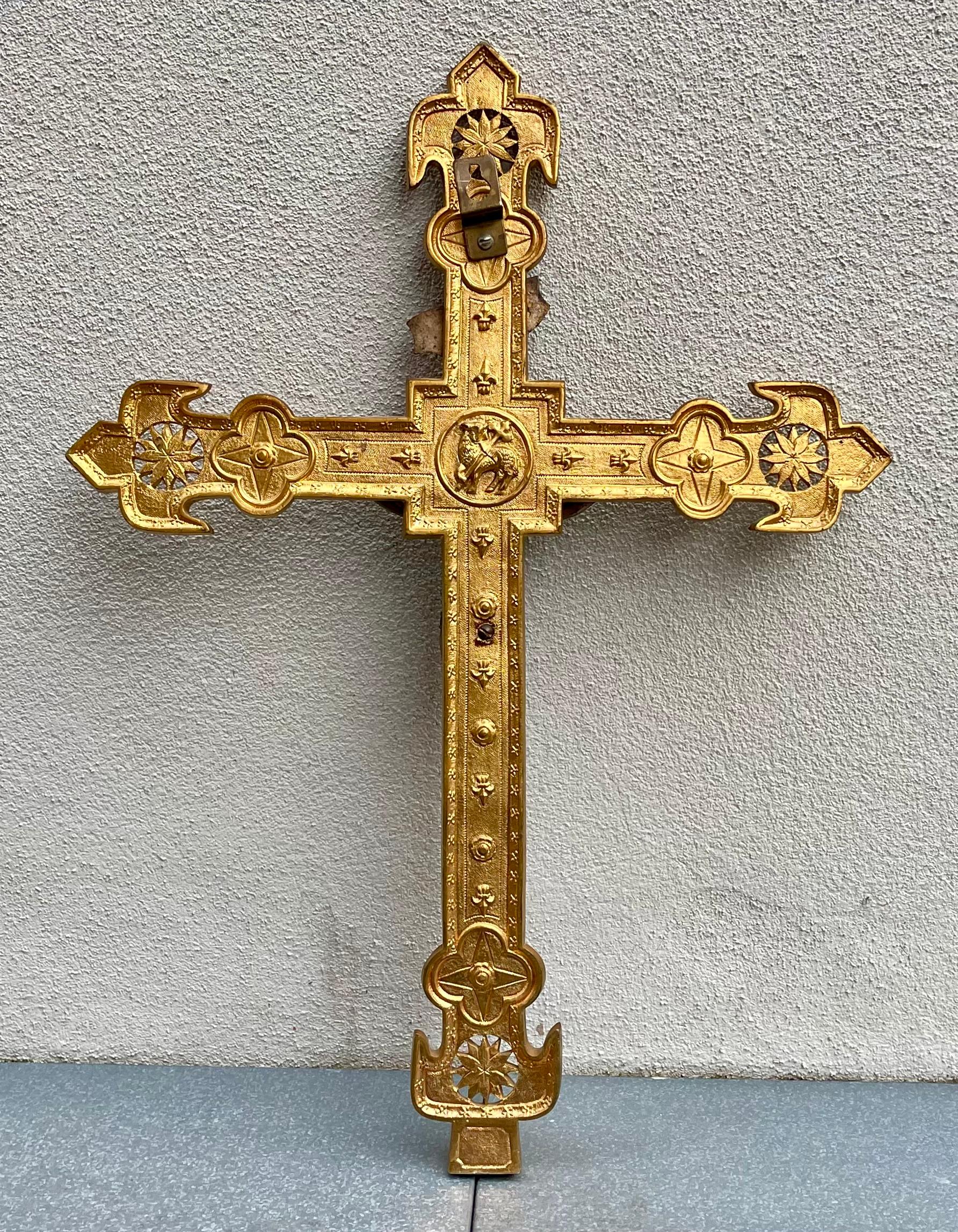 European Large Catholic Altar or Procession Cross - Crucifix in Gilt Bronze For Sale