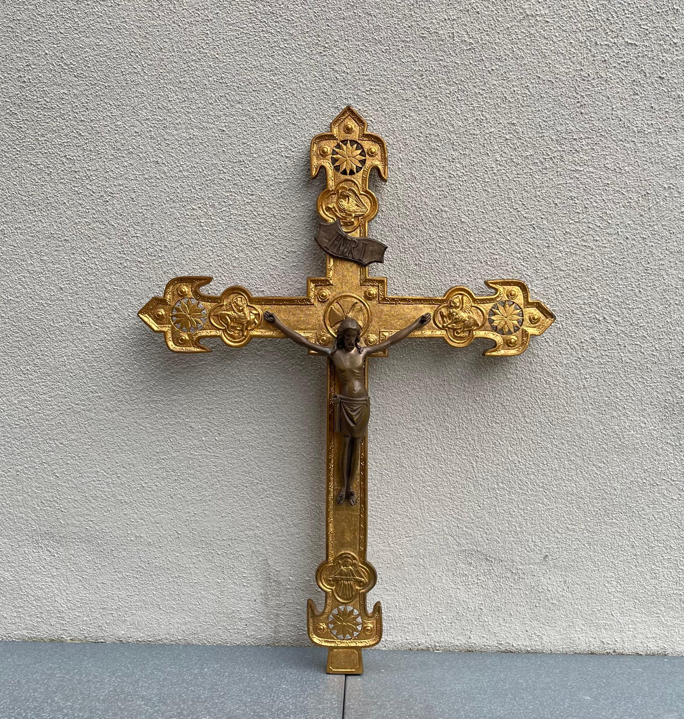 20th Century Large Catholic Altar or Procession Cross - Crucifix in Gilt Bronze For Sale