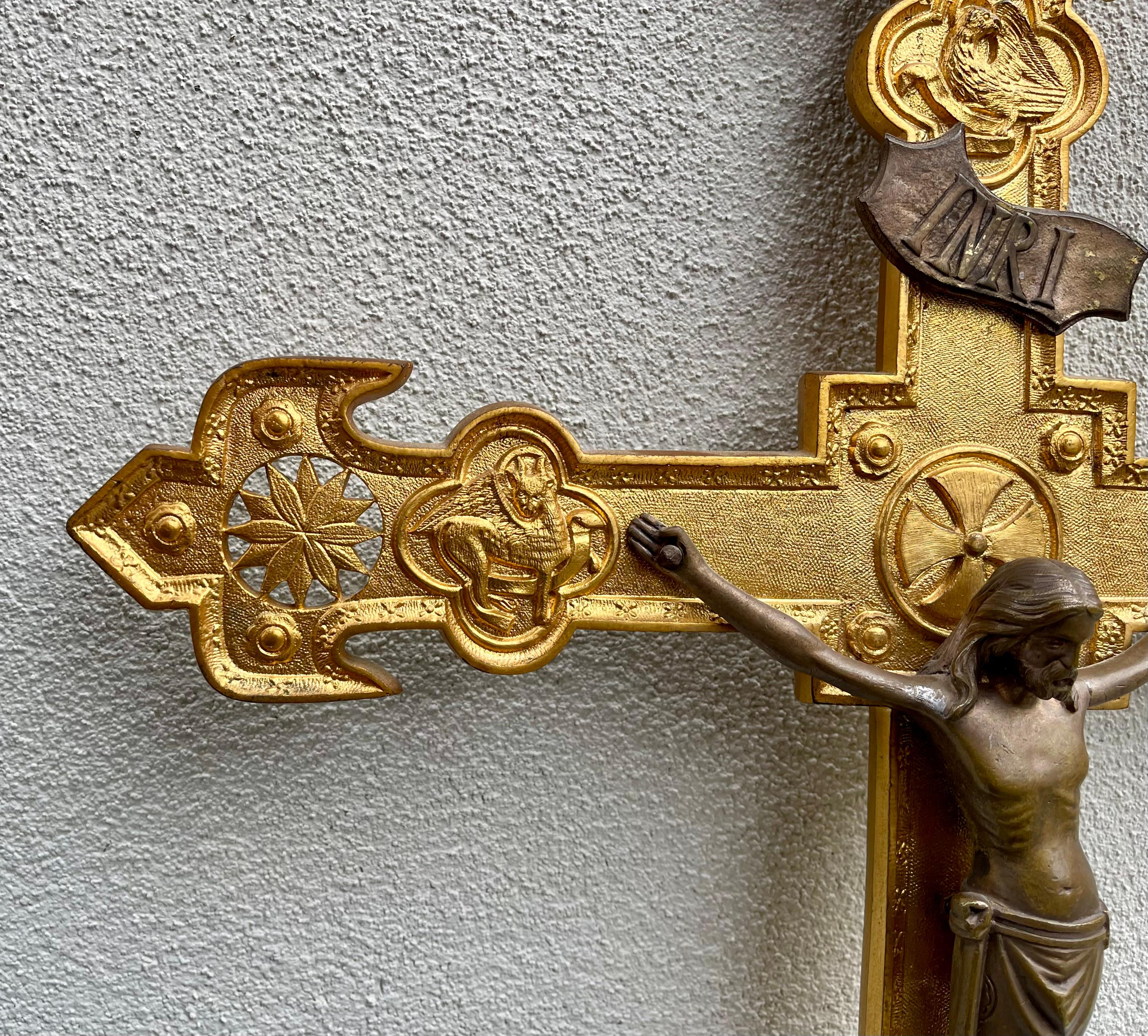 Gold Plate Large Catholic Altar or Procession Cross - Crucifix in Gilt Bronze For Sale