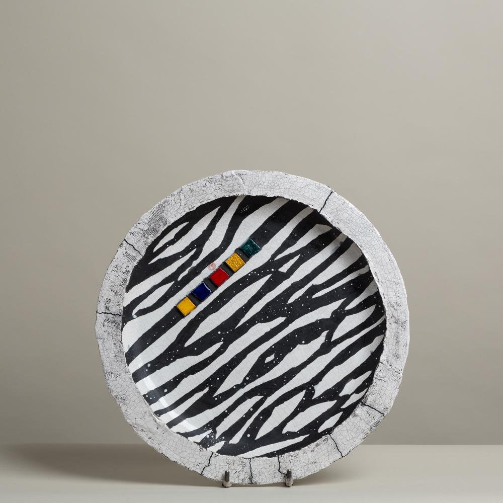 Large Catriona McLeod Zebra Patterned Raku Ceramic Plate, 2008 In Excellent Condition For Sale In London, GB