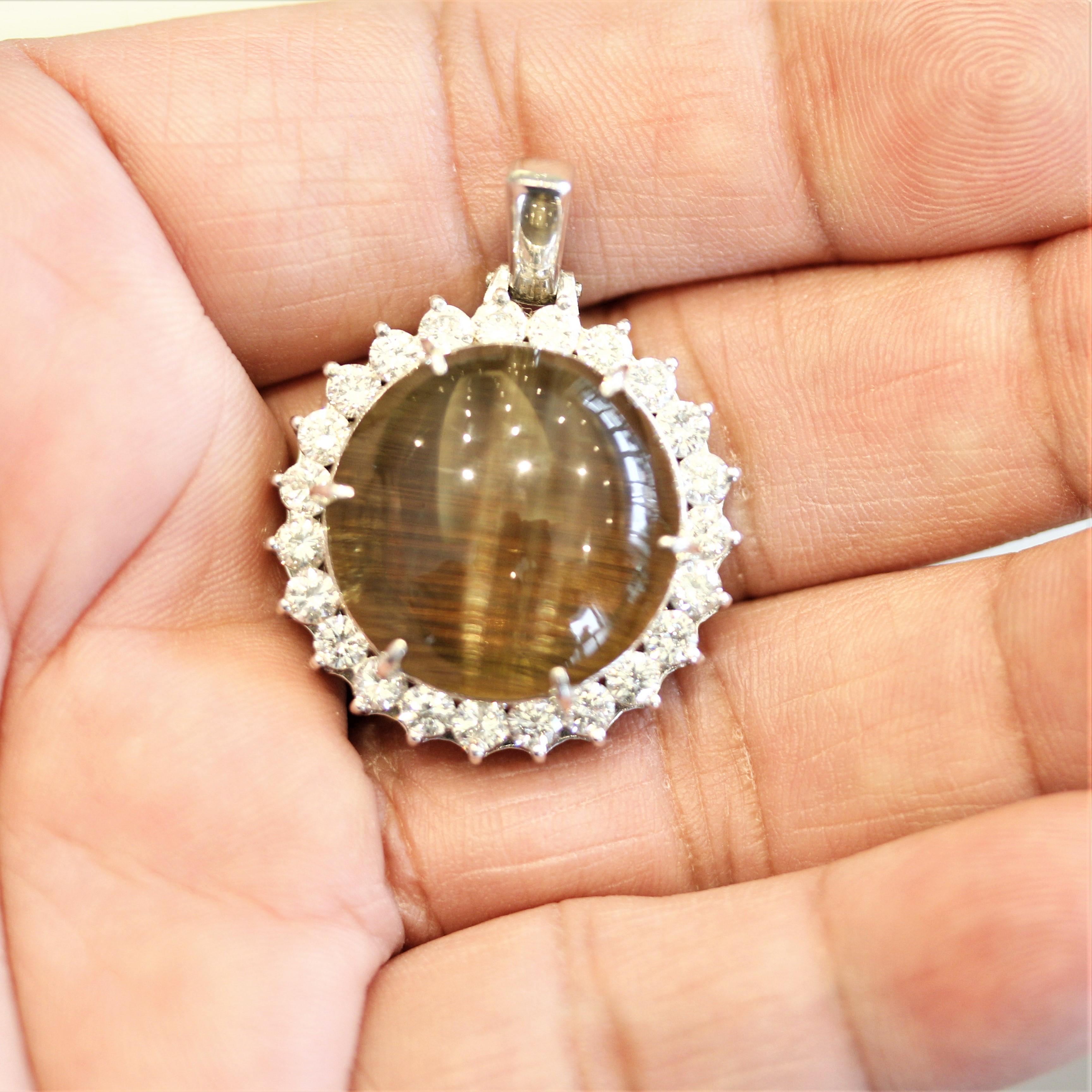 Large Cat’s Eye Quartz Diamond Halo Platinum Pendant In New Condition For Sale In Beverly Hills, CA