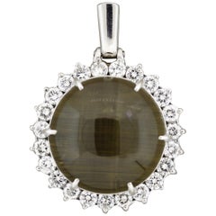 Large Cat’s Eye Quartz Diamond Halo Platinum Pendant