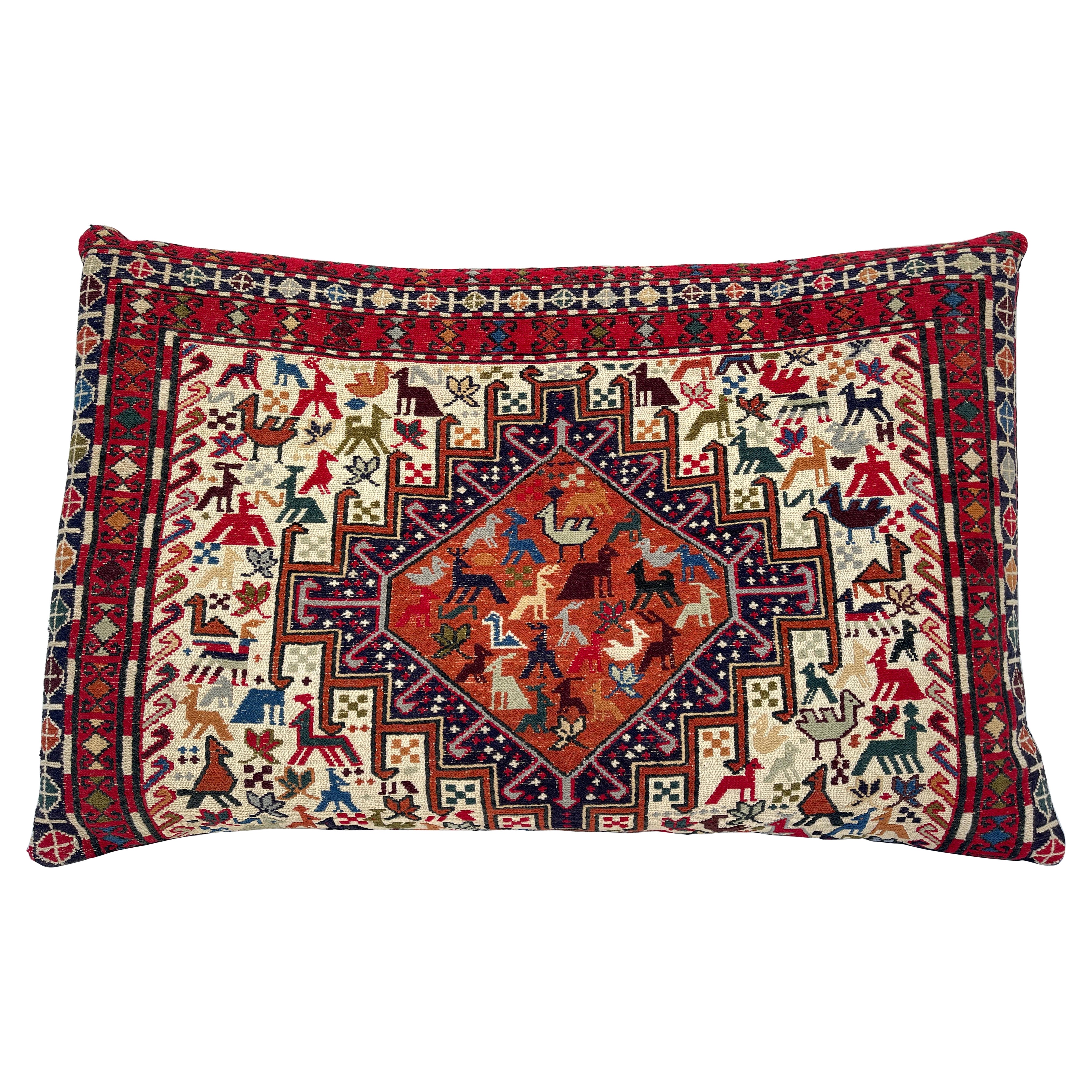 Grand coussin de tapis du Caucase Soumak en laine avec motifs d'animaux