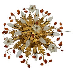 Große Deckenleuchte 15 Lichter "Banci" Kristalle und Blattgold Schmiedeeisen, 1960er Jahre