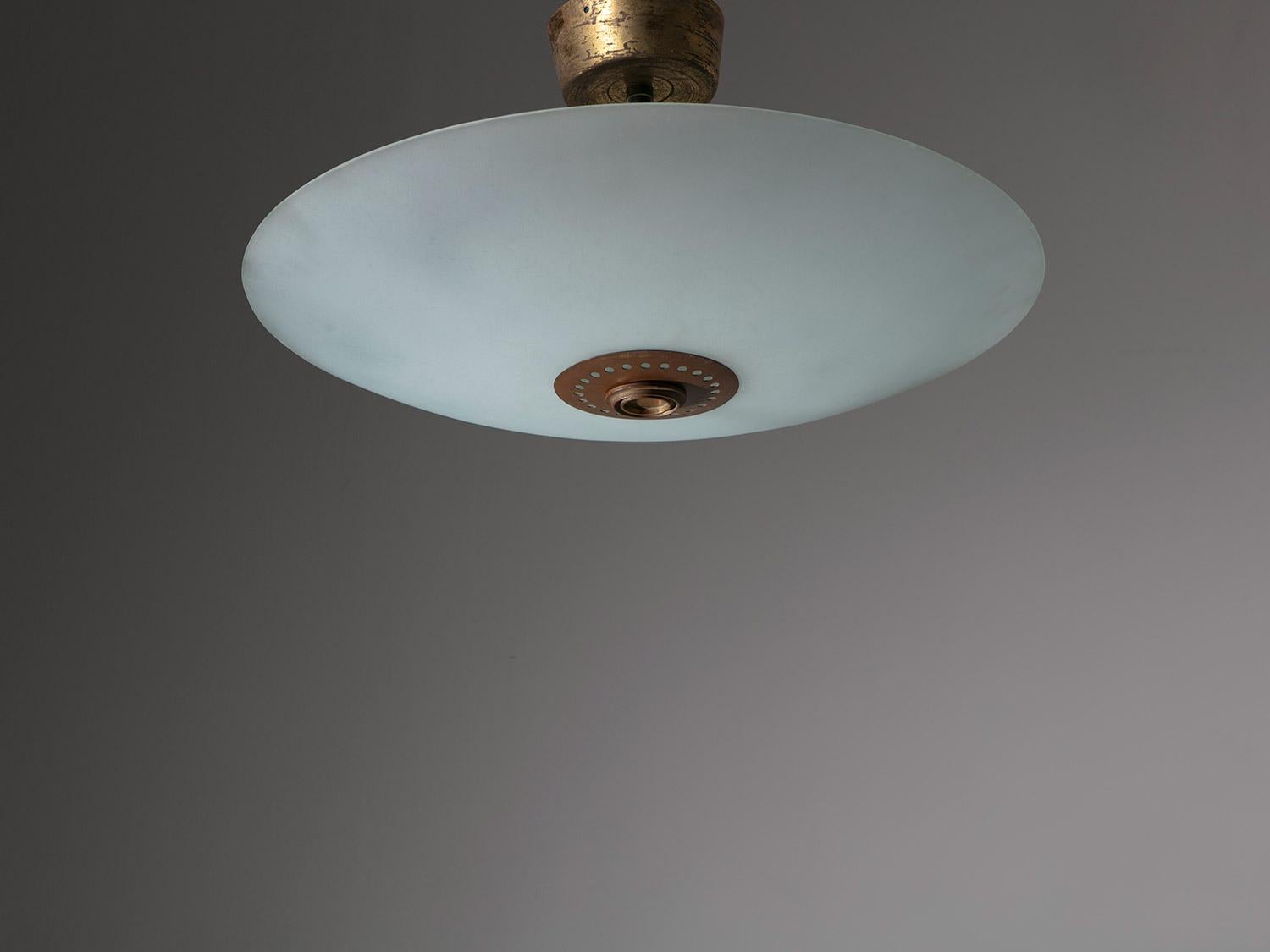 Large ceiling lamp attributed to Pietro Chiesa.
Sandblasted glass shade supported by brass frame.