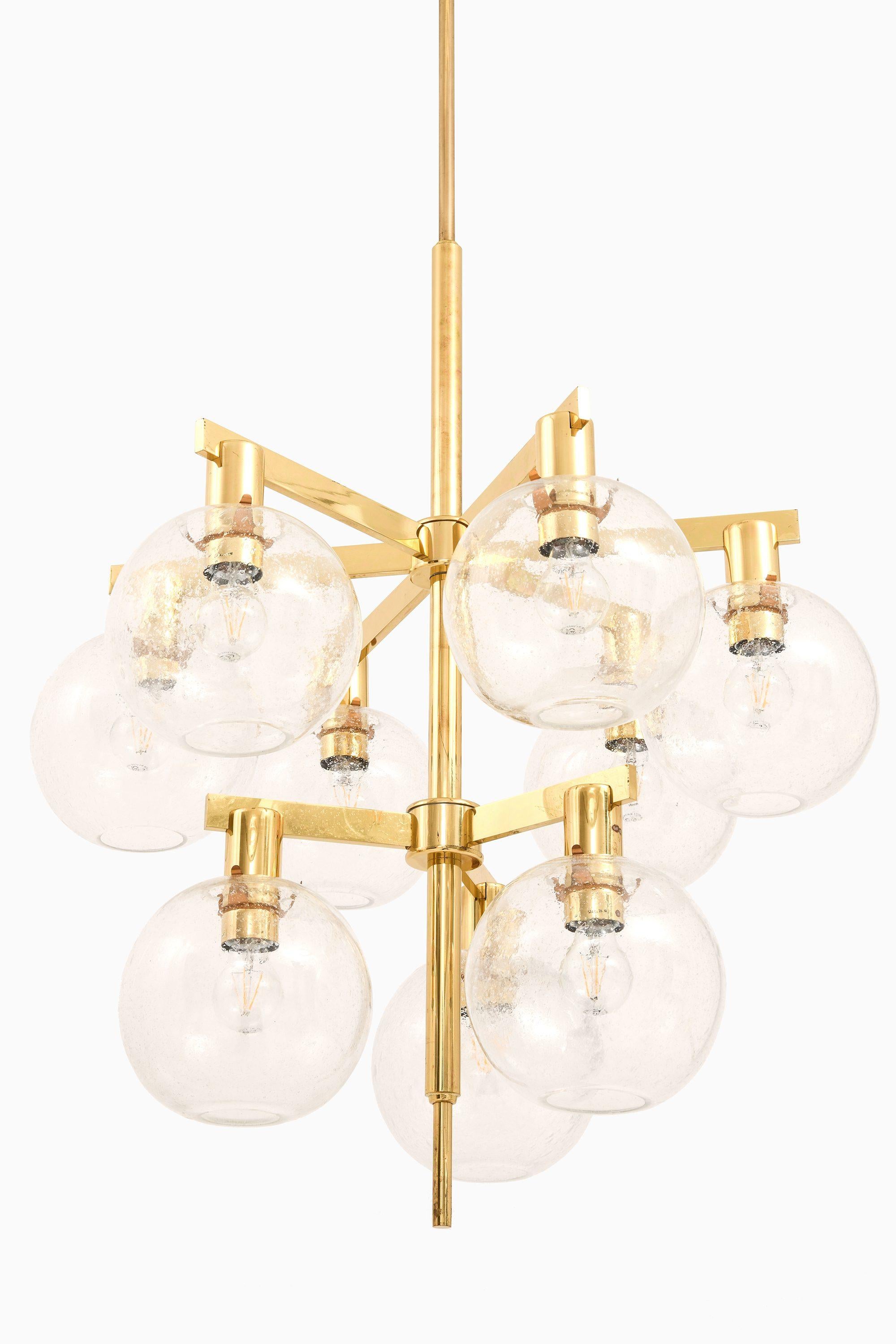 Scandinavian Modern Large Ceiling Lamp Chandelier in Brass and Glass by Hans-Agne Jakobsson, 1950's For Sale