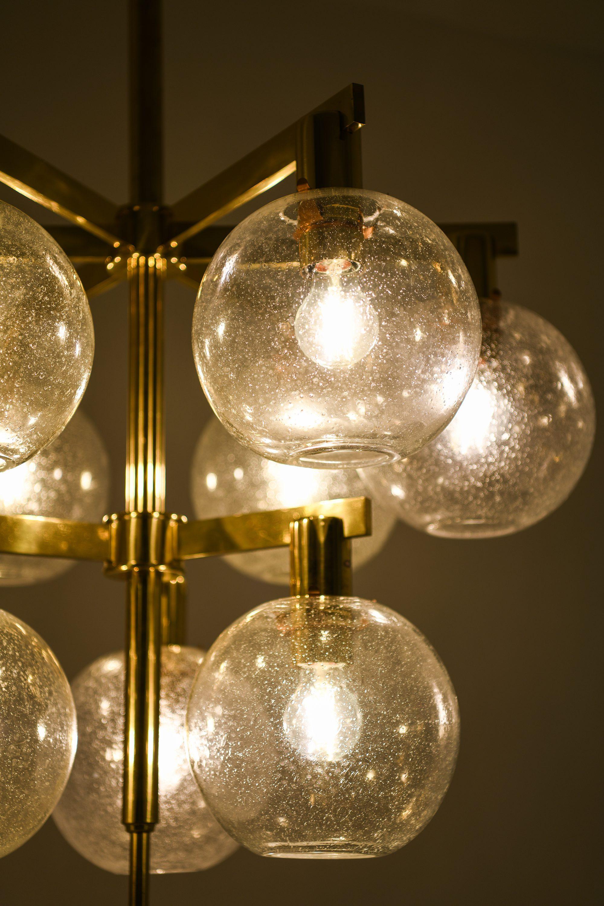20th Century Large Ceiling Lamp Chandelier in Brass and Glass by Hans-Agne Jakobsson, 1950's For Sale