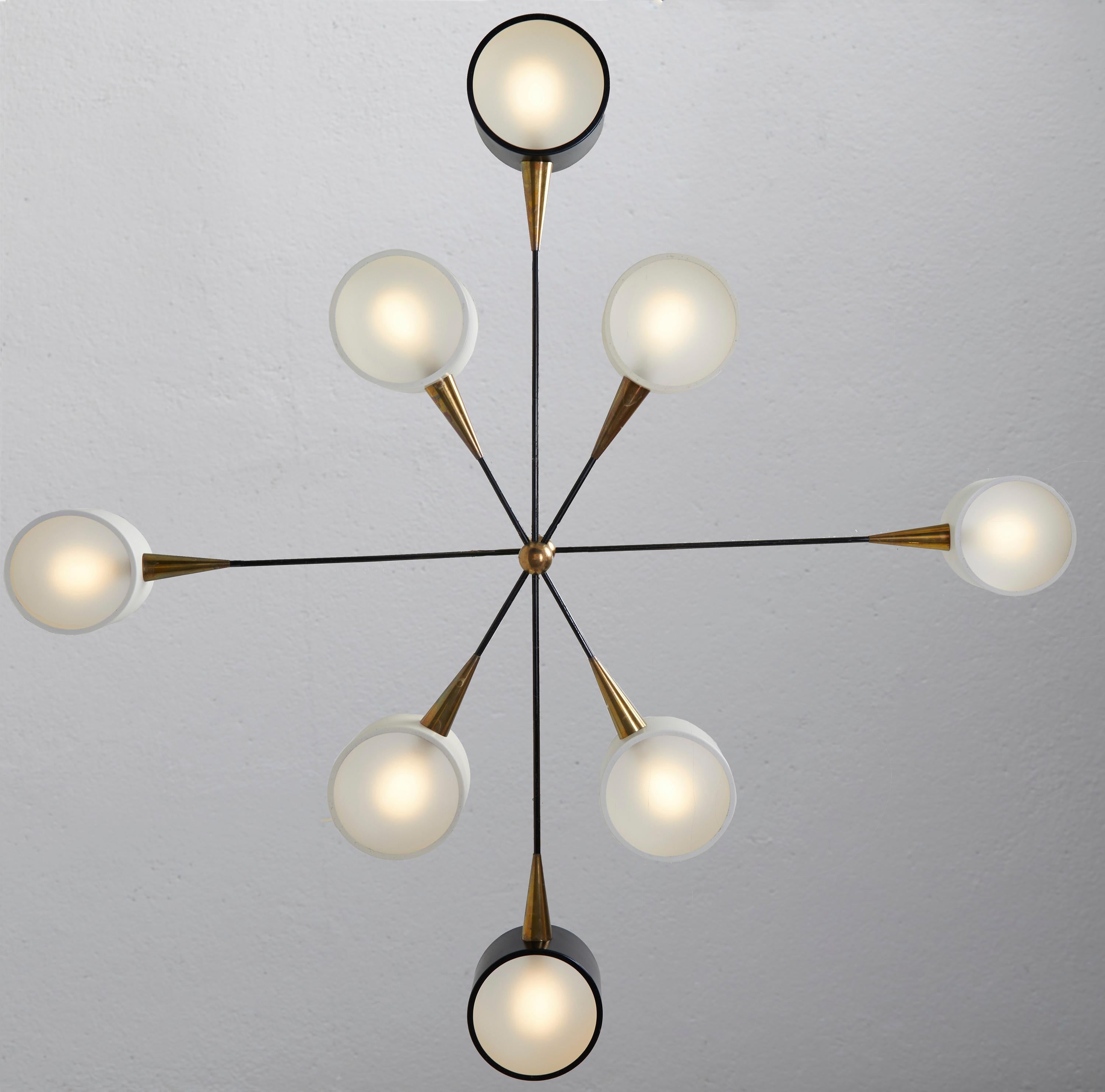 Mid-Century Modern Large Brass and Frosted Glass Chandelier by Editions Lunel, France 1950-60
