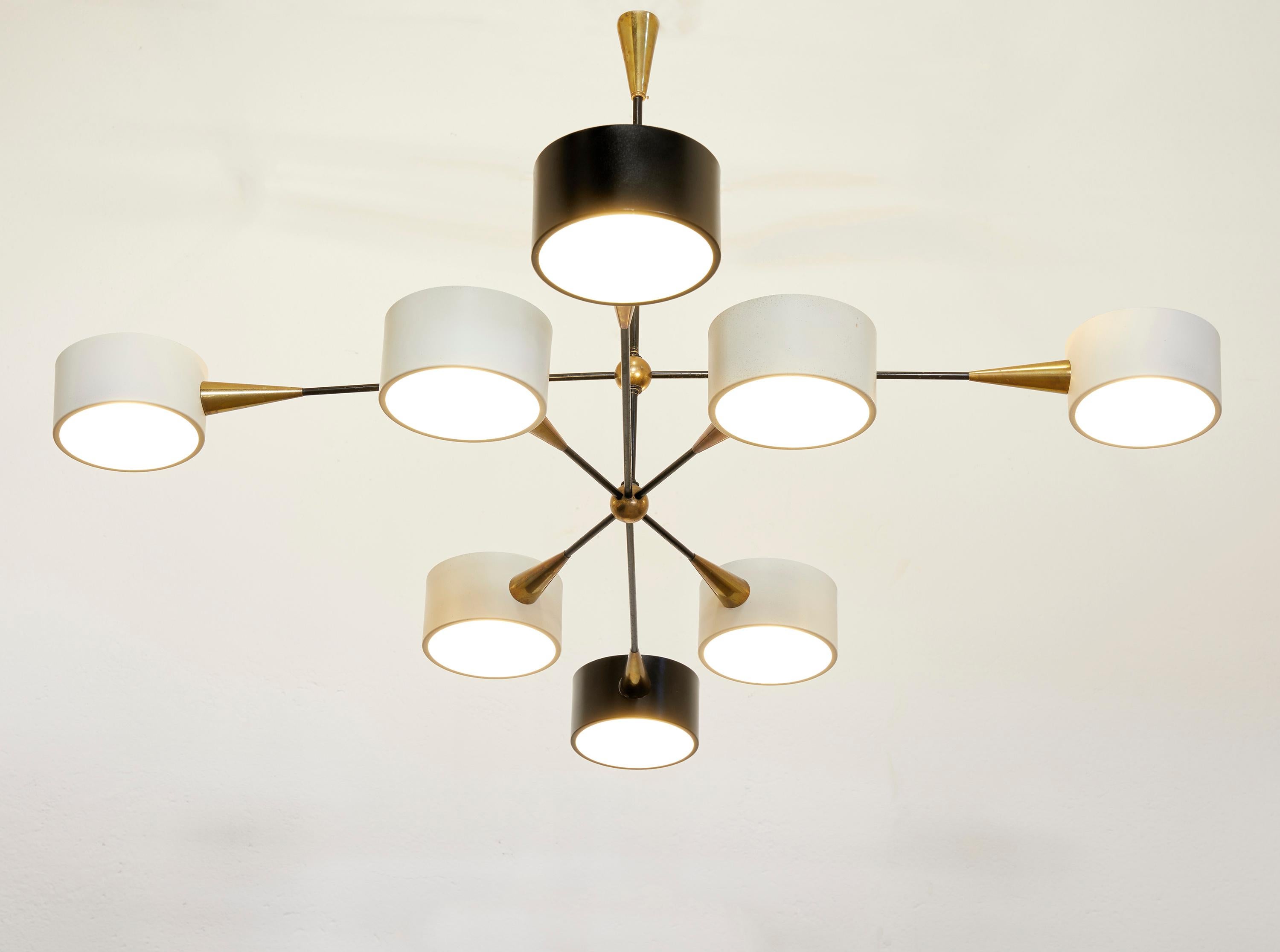 French Large Brass and Frosted Glass Chandelier by Editions Lunel, France 1950-60
