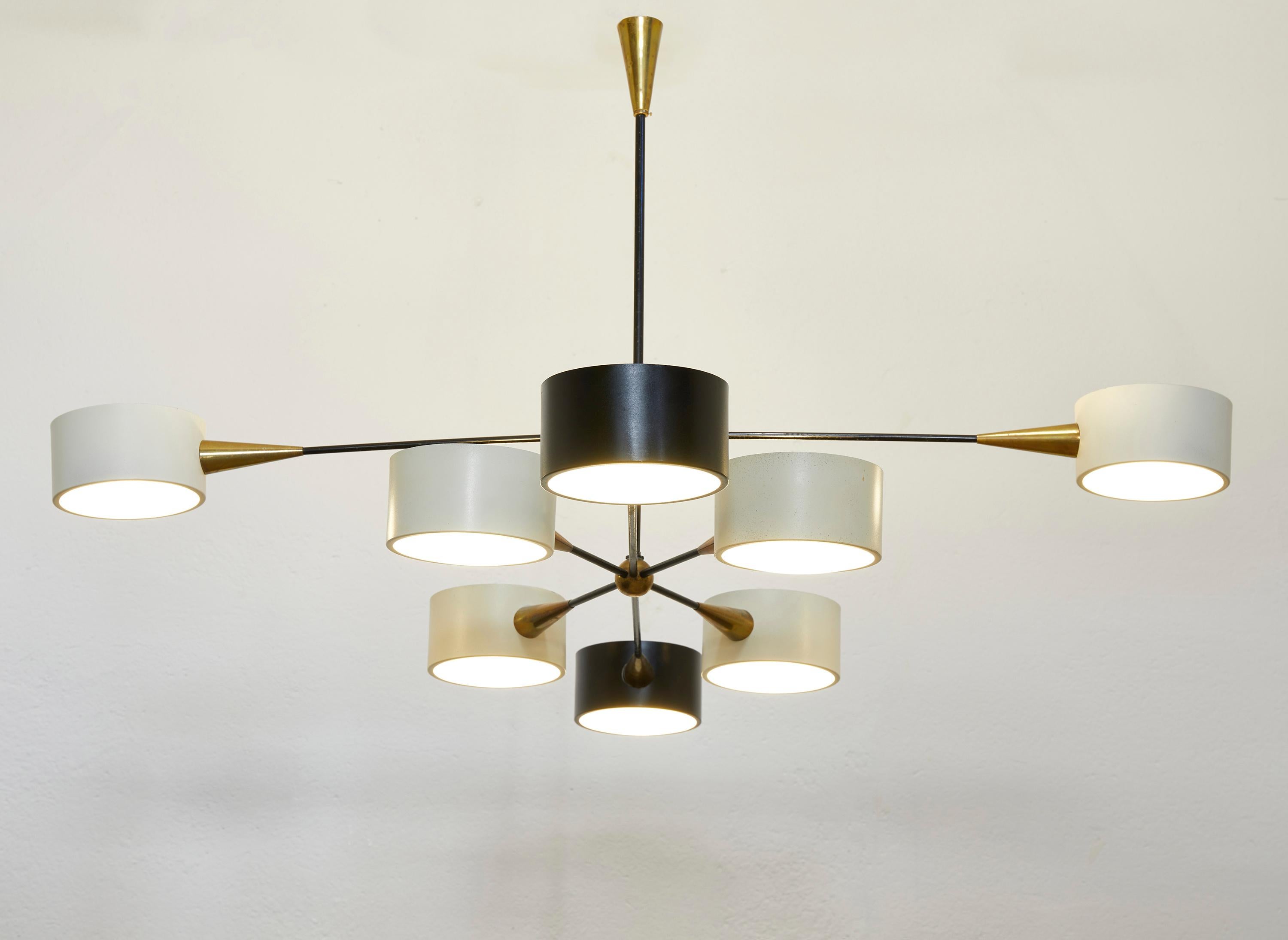 Aluminum Large Brass and Frosted Glass Chandelier by Editions Lunel, France 1950-60