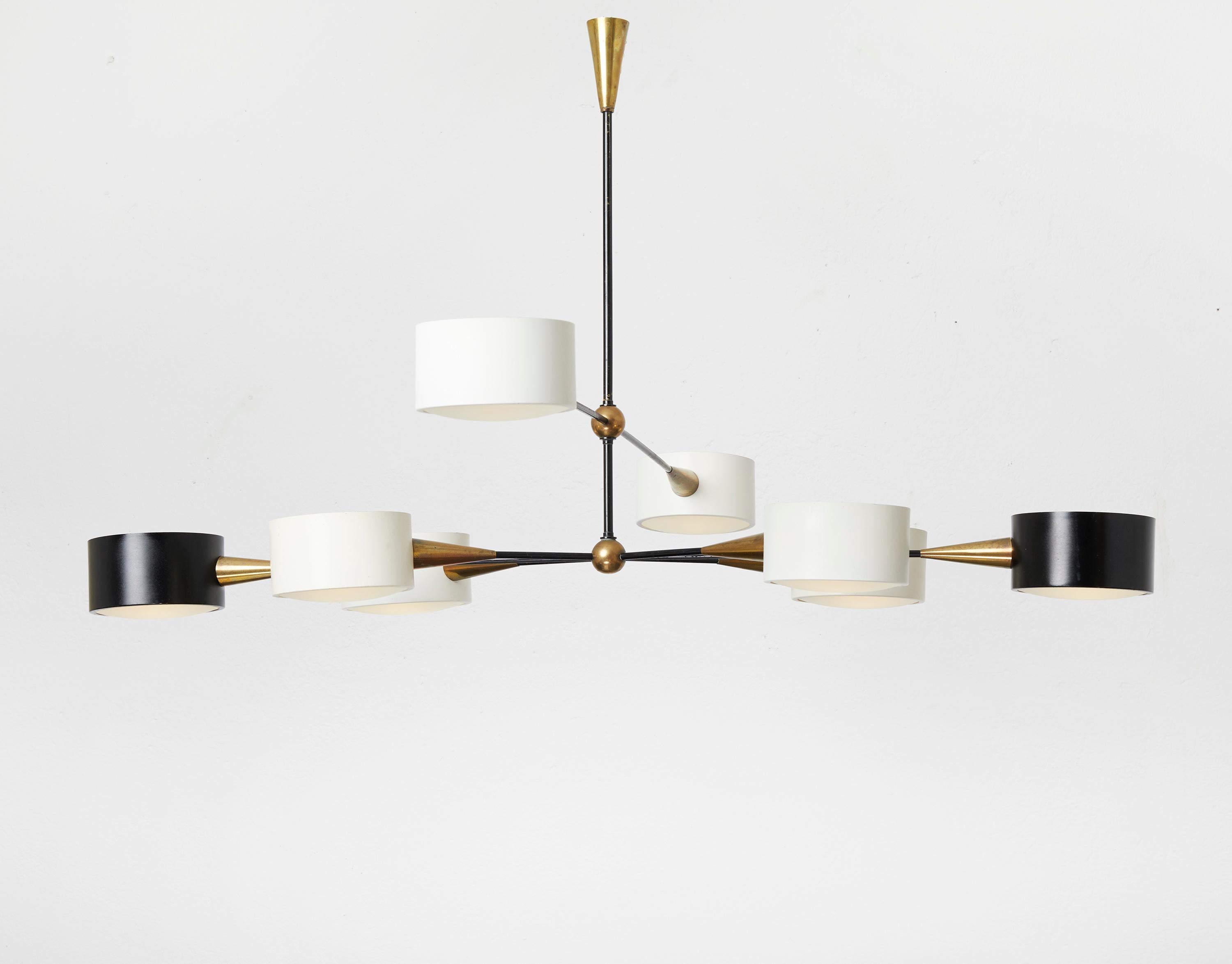 Large Brass and Frosted Glass Chandelier by Editions Lunel, France 1950-60 1