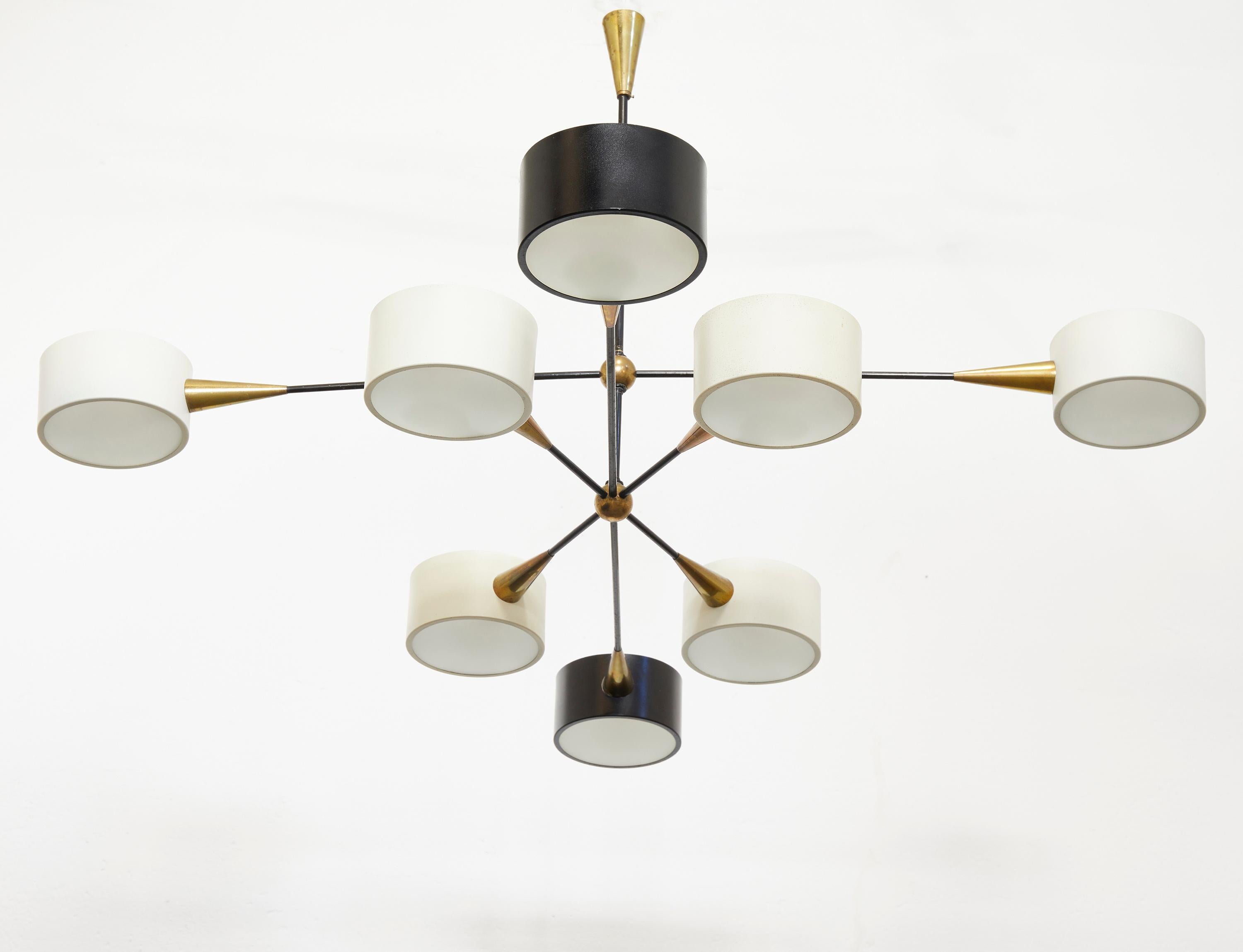 Large Brass and Frosted Glass Chandelier by Editions Lunel, France 1950-60 2