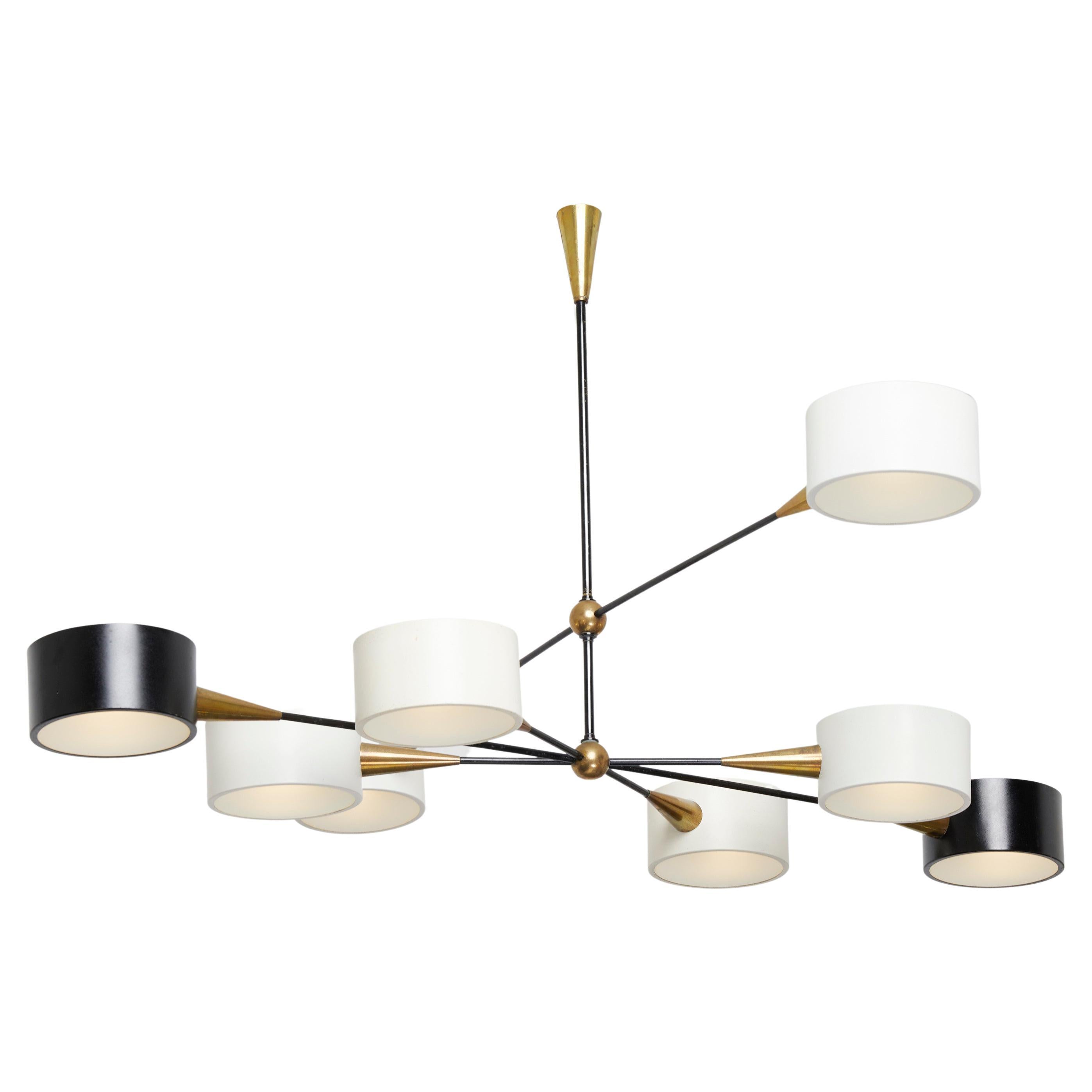 Large Brass and Frosted Glass Chandelier by Editions Lunel, France 1950-60