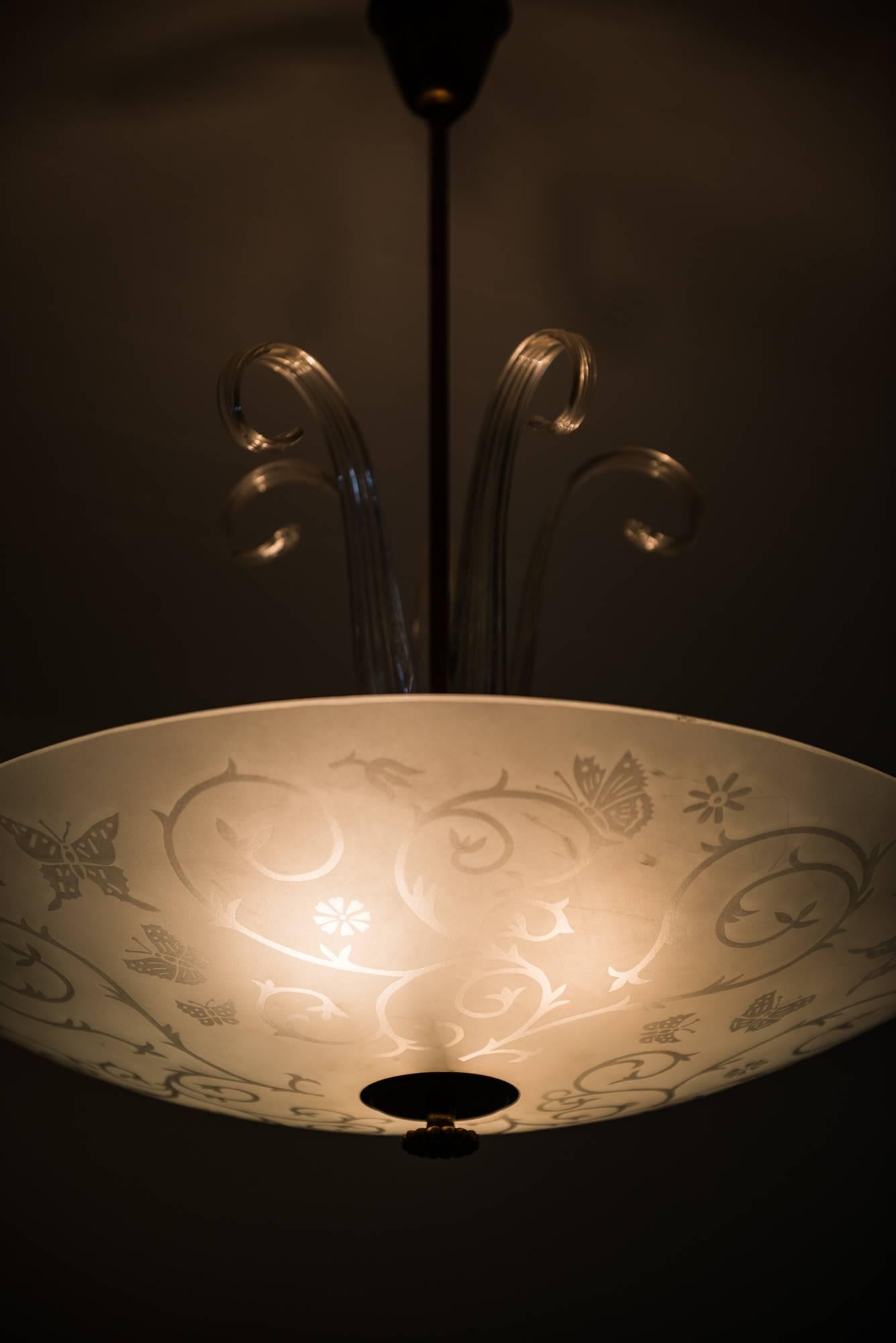 Brass Large Ceiling Lamp Produced by Orrefors in Sweden