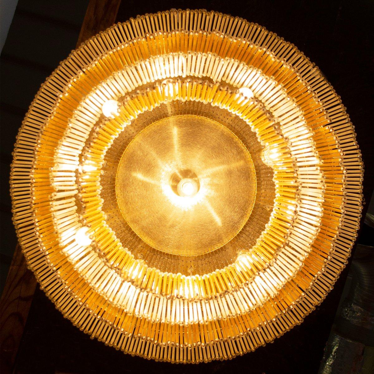 Italian Large Ceiling Lamp with Glass and Pearl Rods, Silk and Amber colors, Italy For Sale