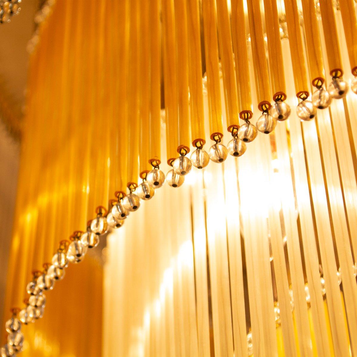 Large Ceiling Lamp with Glass and Pearl Rods, Silk and Amber colors, Italy In Excellent Condition For Sale In Venezia, IT