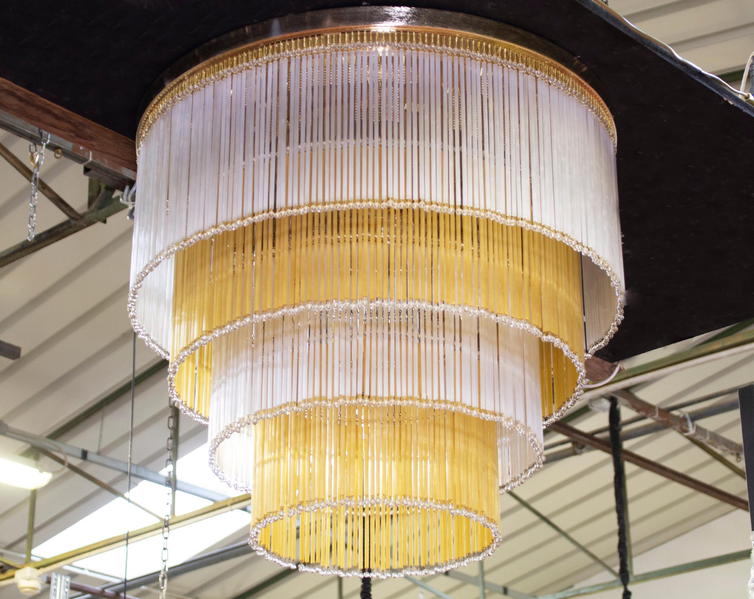 20th Century Large Ceiling Lamp with Glass and Pearl Rods, Silk and Amber colors, Italy For Sale