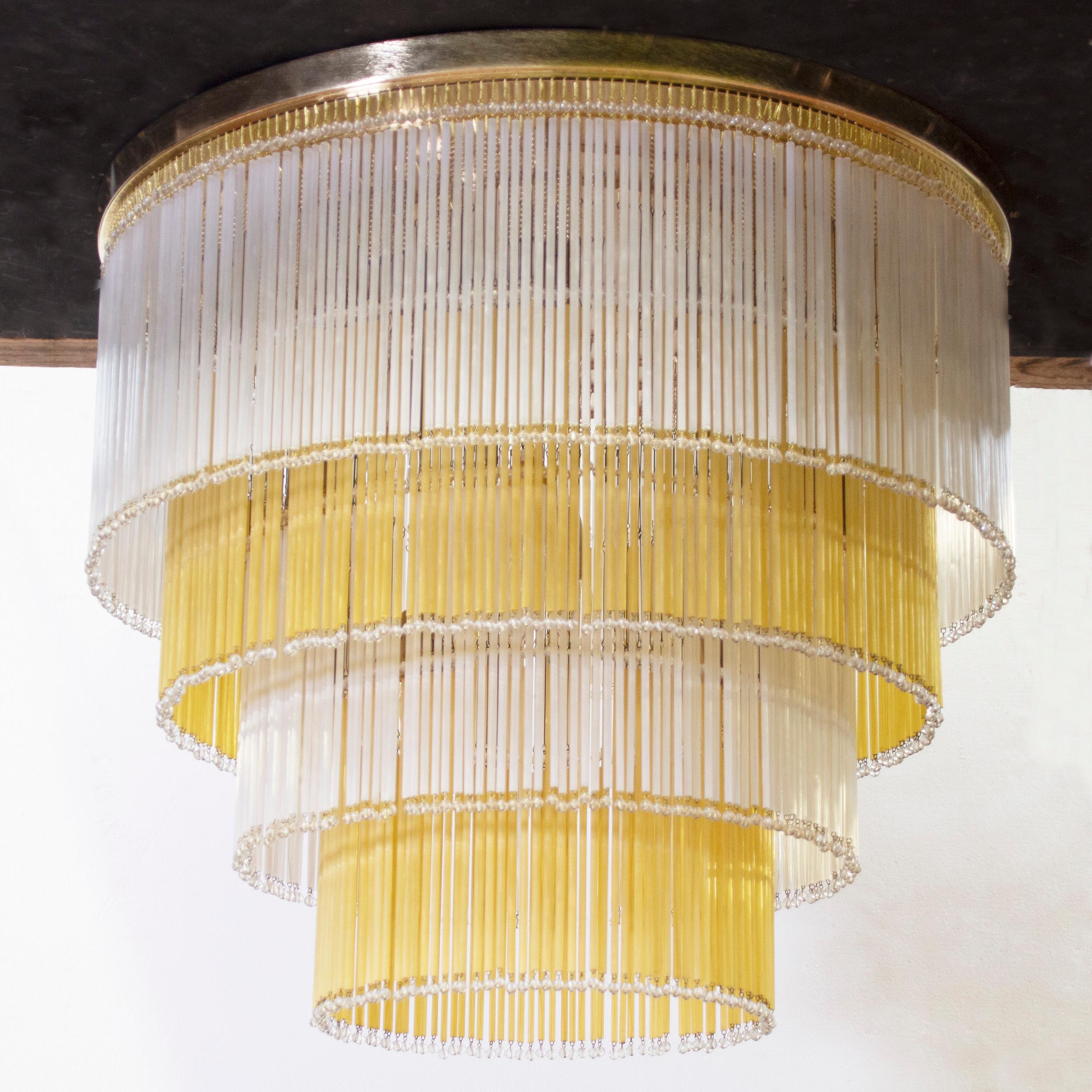 Metal Large Ceiling Lamp with Glass and Pearl Rods, Silk and Amber colors, Italy For Sale